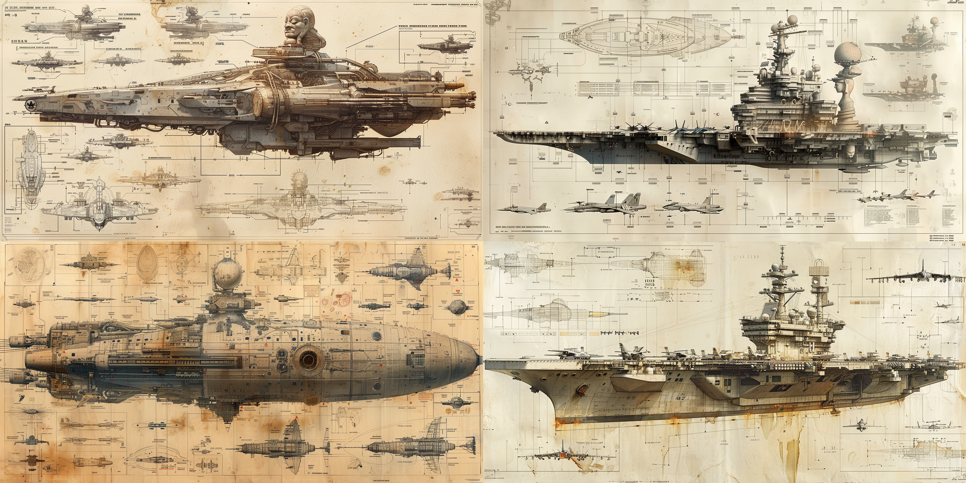 the design drawings of a warship built in space include a large buddha statue equipped with an ultra long main gun, a multi-layered apron, and many different types of aircraft parked, with equipment instructions for each part.