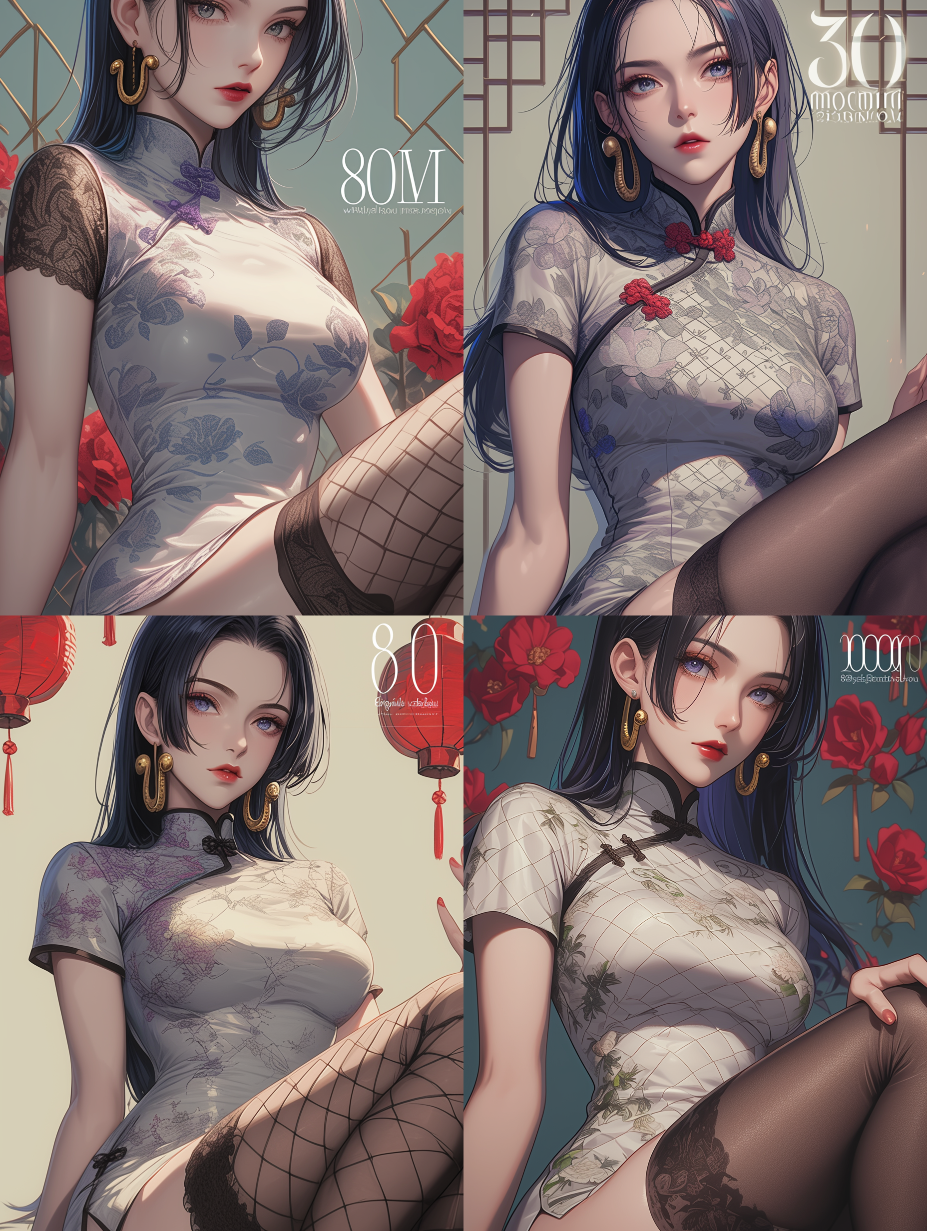 海贼王女帝·波雅·汉库克，腿特写，坐姿，背面，单手展开，背景一排排灯笼墙，过膝袜，高跟鞋，白旗袍，黑短裙，职业装，8k，超级细节，高雅气质，端庄大气，艺术感，移轴镜头 腰部以上 高调照明 鸟瞰