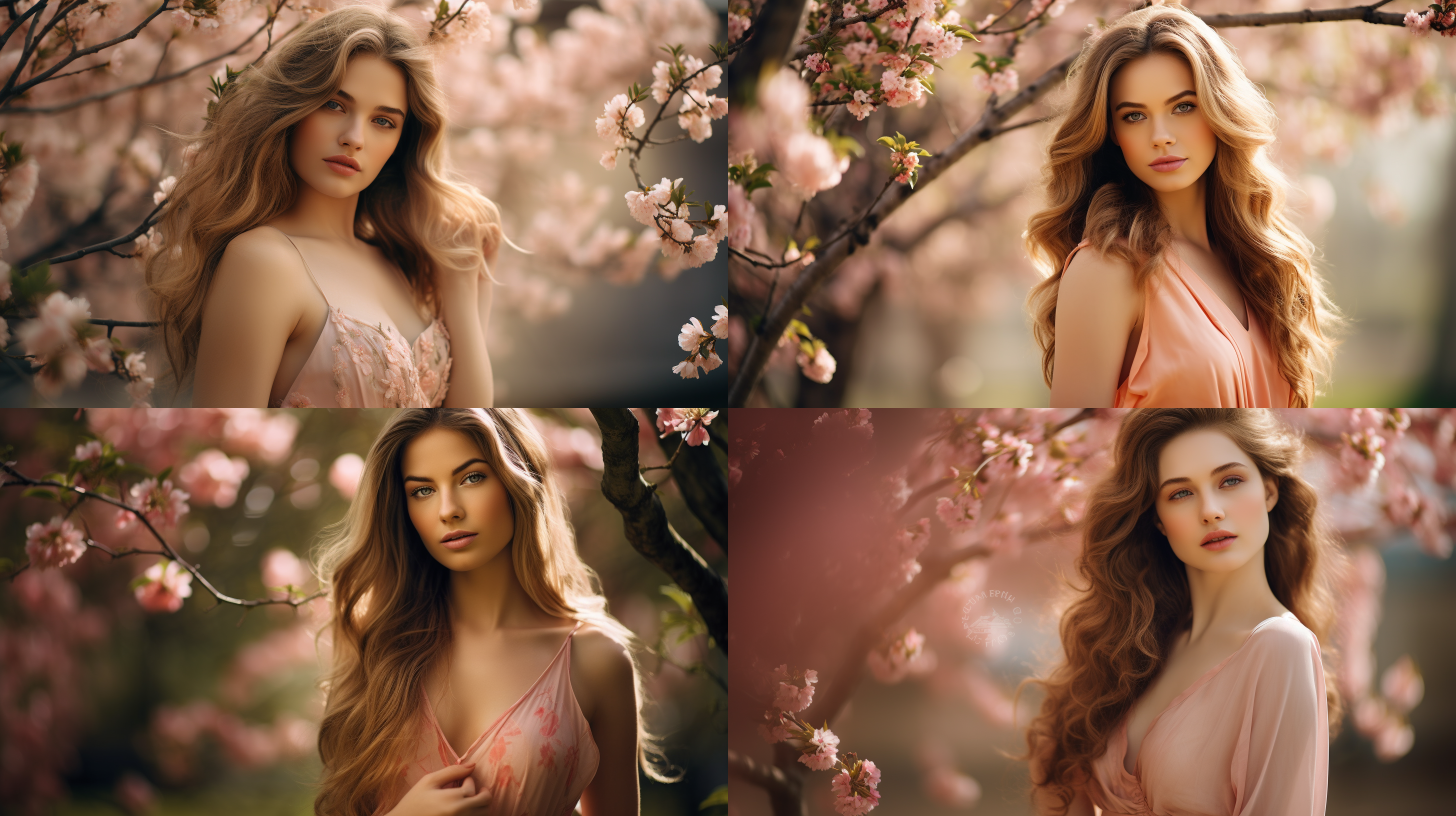 glamour photography, 3/4 profile image, there is a lot of room for reproduction on the screen, in spring, the left side of the screen is bright green branches sprout from the ground, pink peach blossoms bloom on the peach tree, a beautiful woman in an elegant pose, gentle eyes, long hair, proud upper girt, charming smile, yellow dress, minimalist picture, natural light, backlight, rembrandt lighting, and so on. dslr, expressive, extremely detailed,style raw stylize