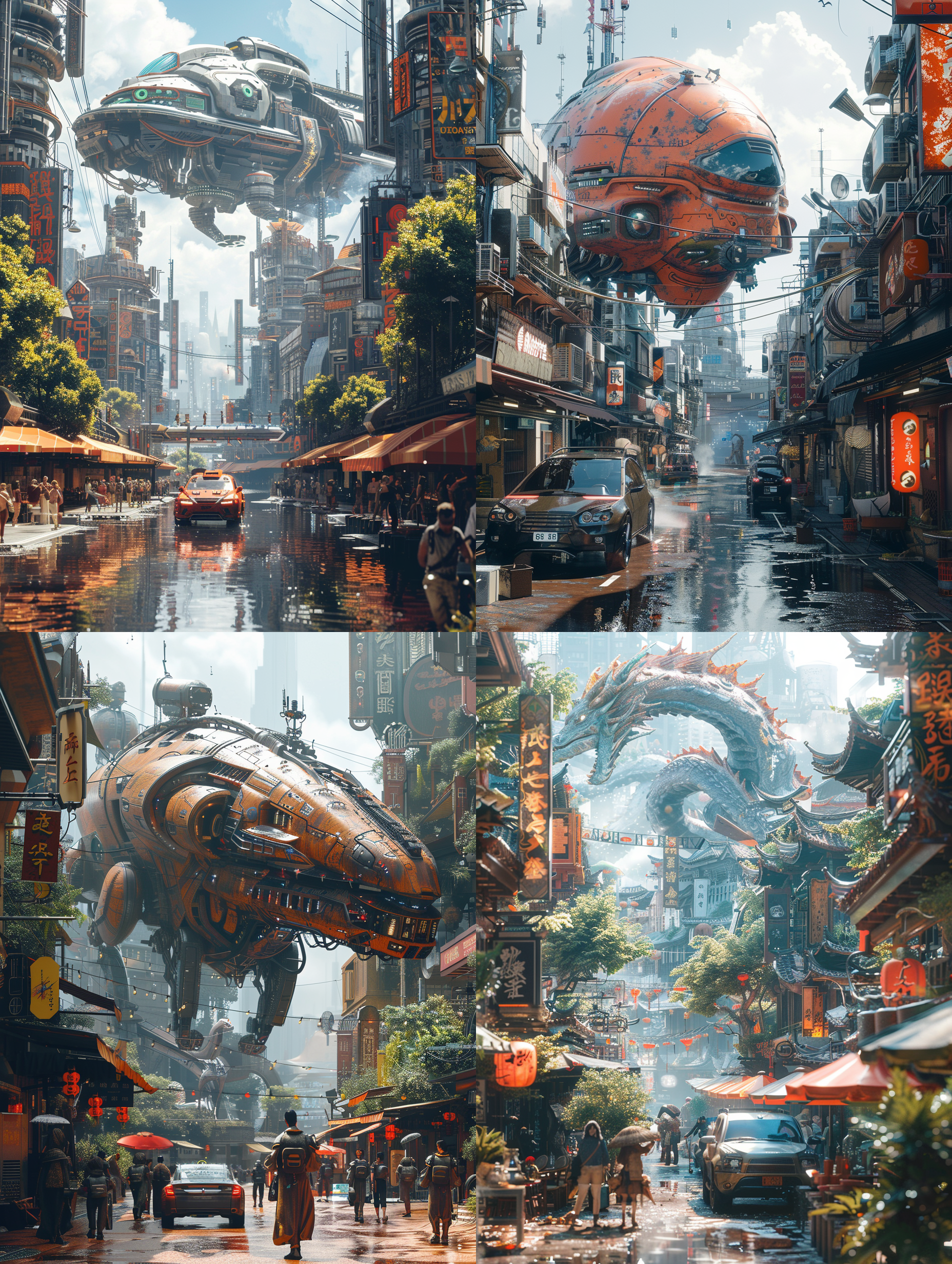 城市建筑 赛博朋克 街道上车水马龙 rs渲染 明亮的天空 白天 高清 8k