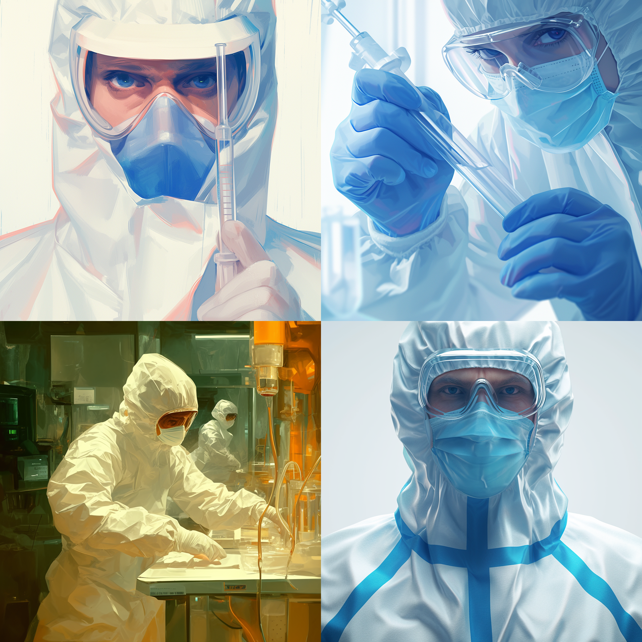 制药行业，工程师和科学家戴白色口罩和无菌服装，研发rna产品。制造画像，动态gif呈现，展现严谨细致形象插图，真实场景，详细描绘，惊艳16k分辨率。写实风格，高清晰度，明亮灯光，医疗设备，实验室，专注，严肃，专业。