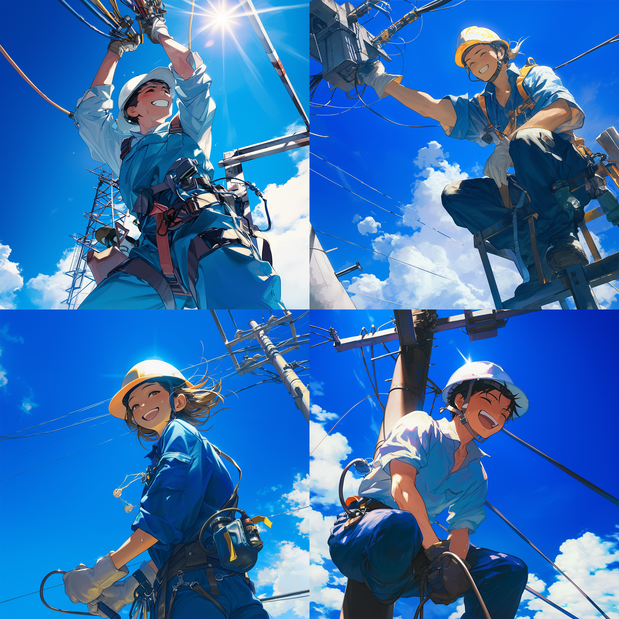电力工人，高空作业，蓝天白云，高清8k，逆光，脸上流汗，安全帽，蓝色制服，笑容满面，动作矫健，阳光照射，振奋人心。