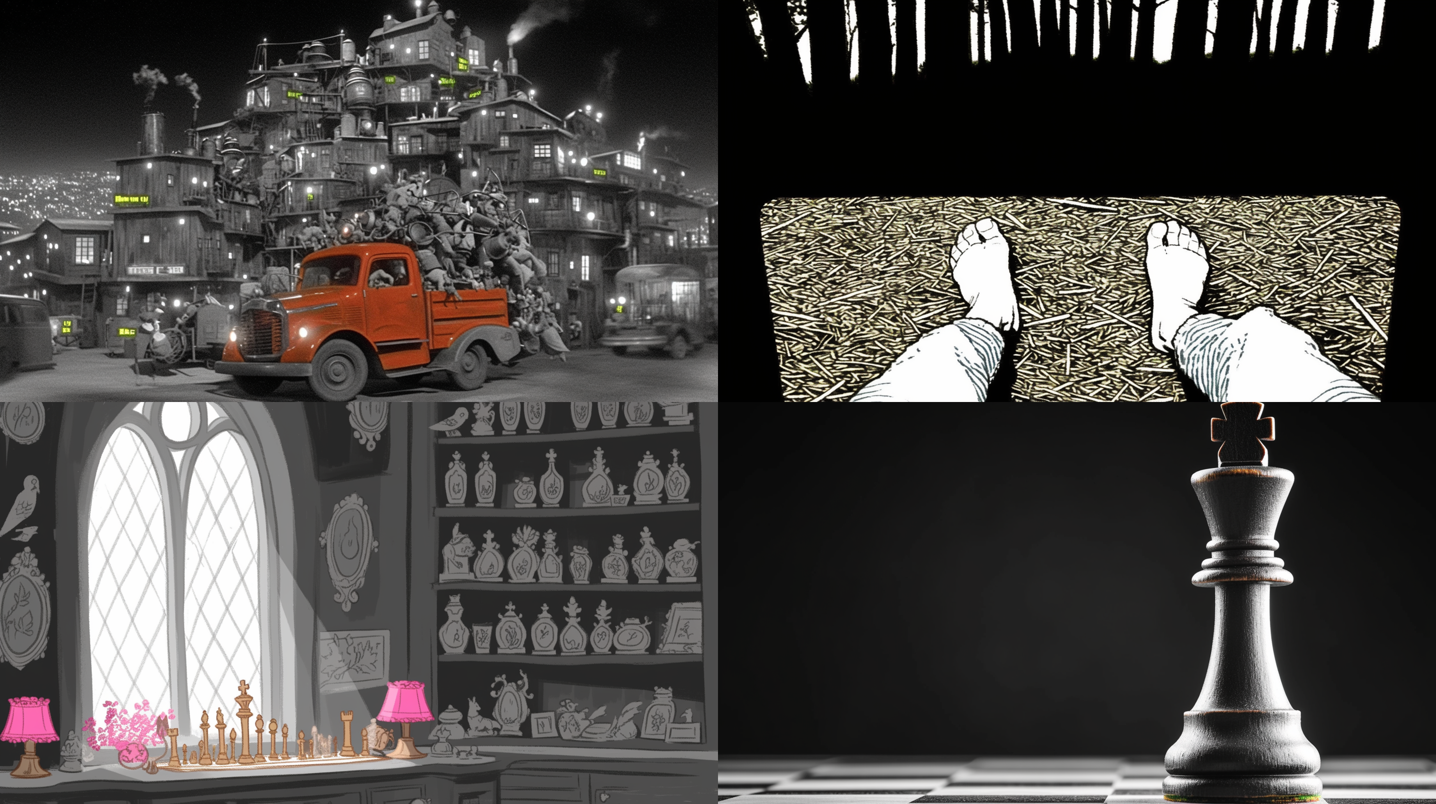 黑白棋盘外景，45度俯视，蒸汽时代风格，华丽细节，明亮色调，欧美卡通风，色彩缤纷，快门速度适中，梦幻氛围。