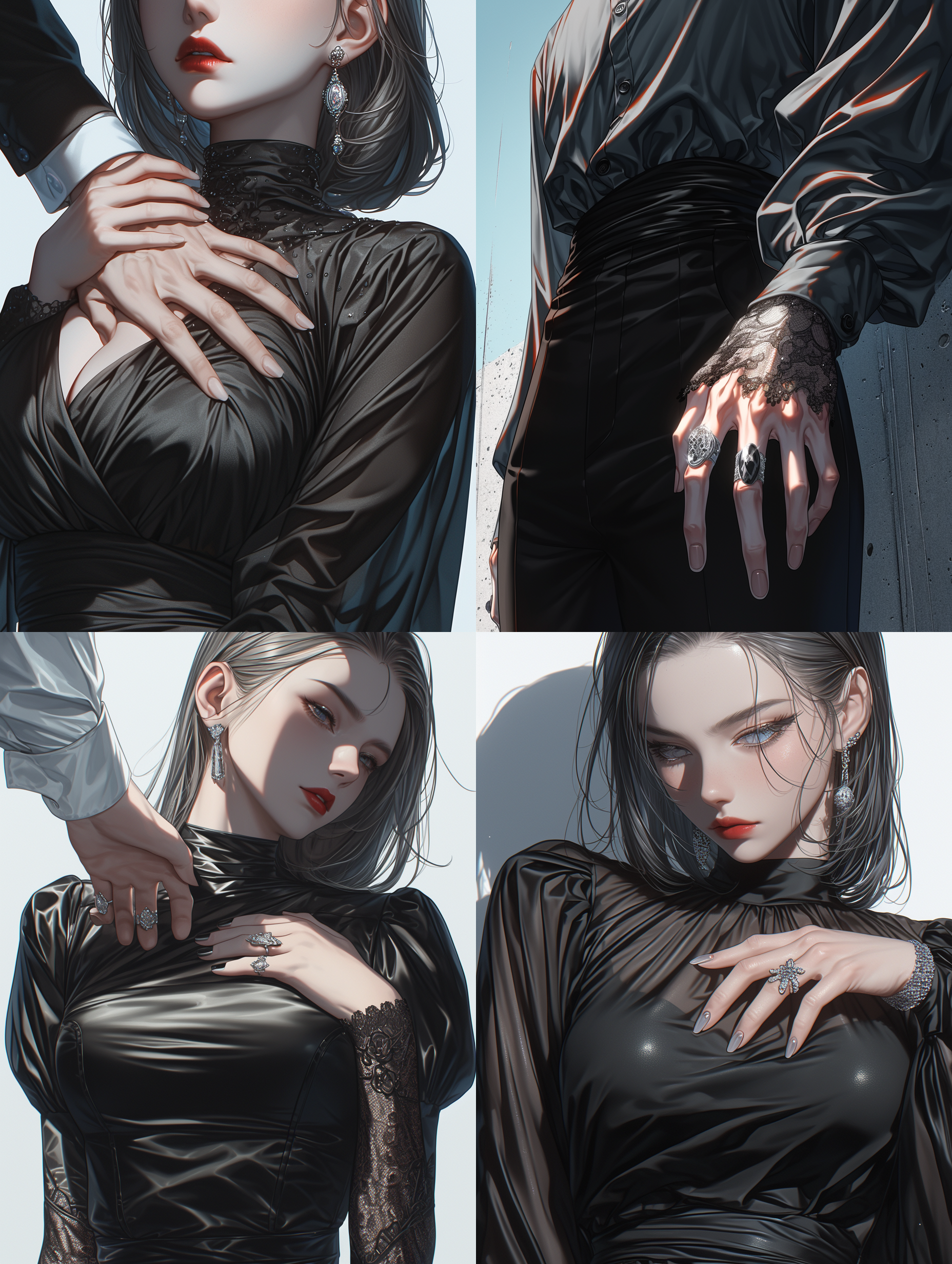 七龙珠18号，手特写::7，deep u-neck dress，眼睛，胜利的手势，灰色短发，修身装，短裙，过膝袜，16k，超级细节，高雅气质，端庄大气，现代风格，令人惊叹的照片，