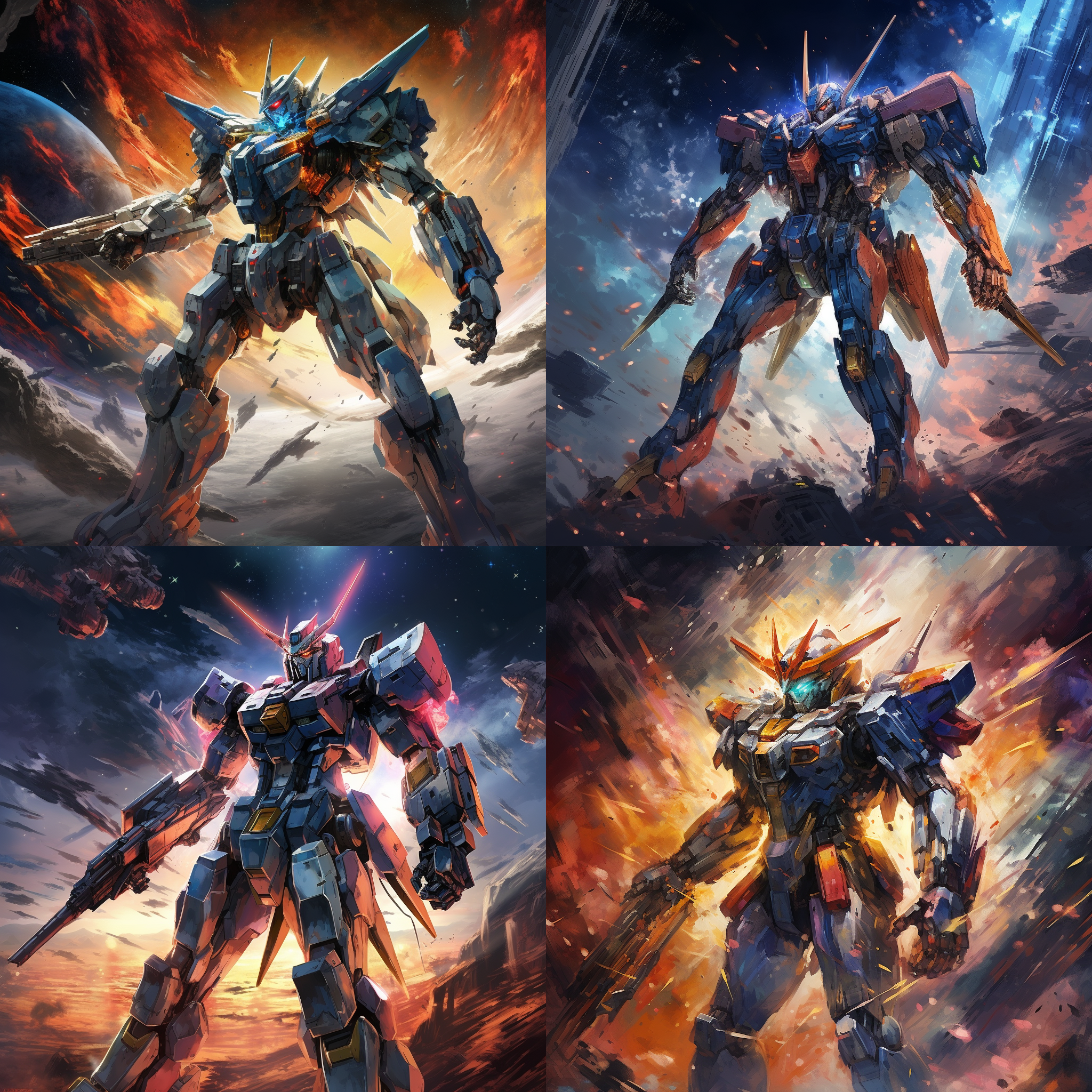 高达，太空背景，地球半个，星舰，机甲，巨大比例，明亮色调，宇宙风格，逆光，动作飞行，科幻氛围。