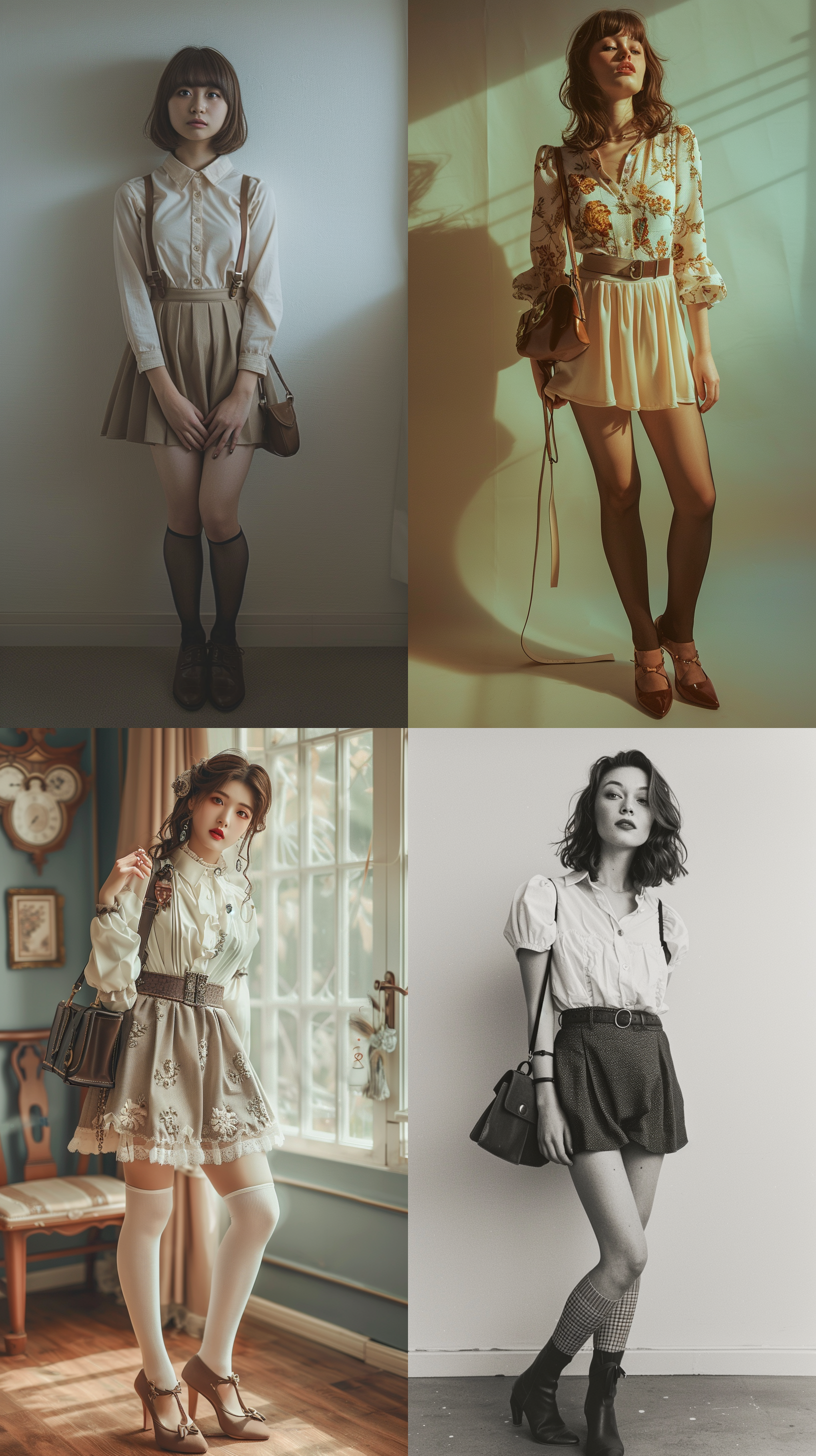 女式连裤袜在纯色背景上，墙壁，窗帘，室外，高清摄影，20岁女性，女式肩包，摄影棚，光线明亮，短裙，衬衫，高跟鞋，活泼