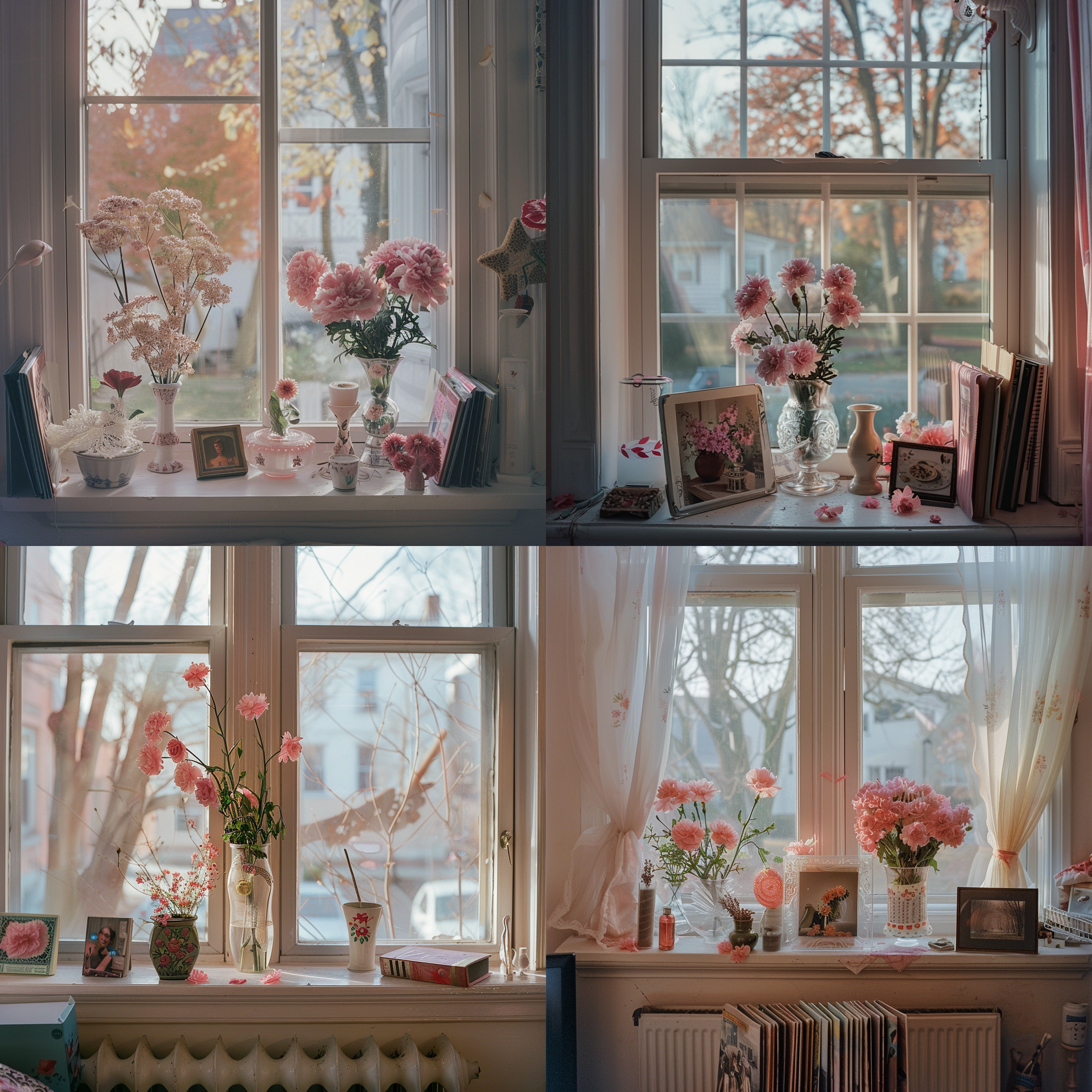 客厅内的窗台，飘窗，窗户，窗户上拜访着一些家居摆件，康乃锡，相册，花瓶等，粉色和白色系装饰，充满温馨的，窗户特写，正面角度，写实主义，摄影纪实，逼真的，真实的 三分法构图 摄影纪实 正视 三分法构图 摄影纪实 正视