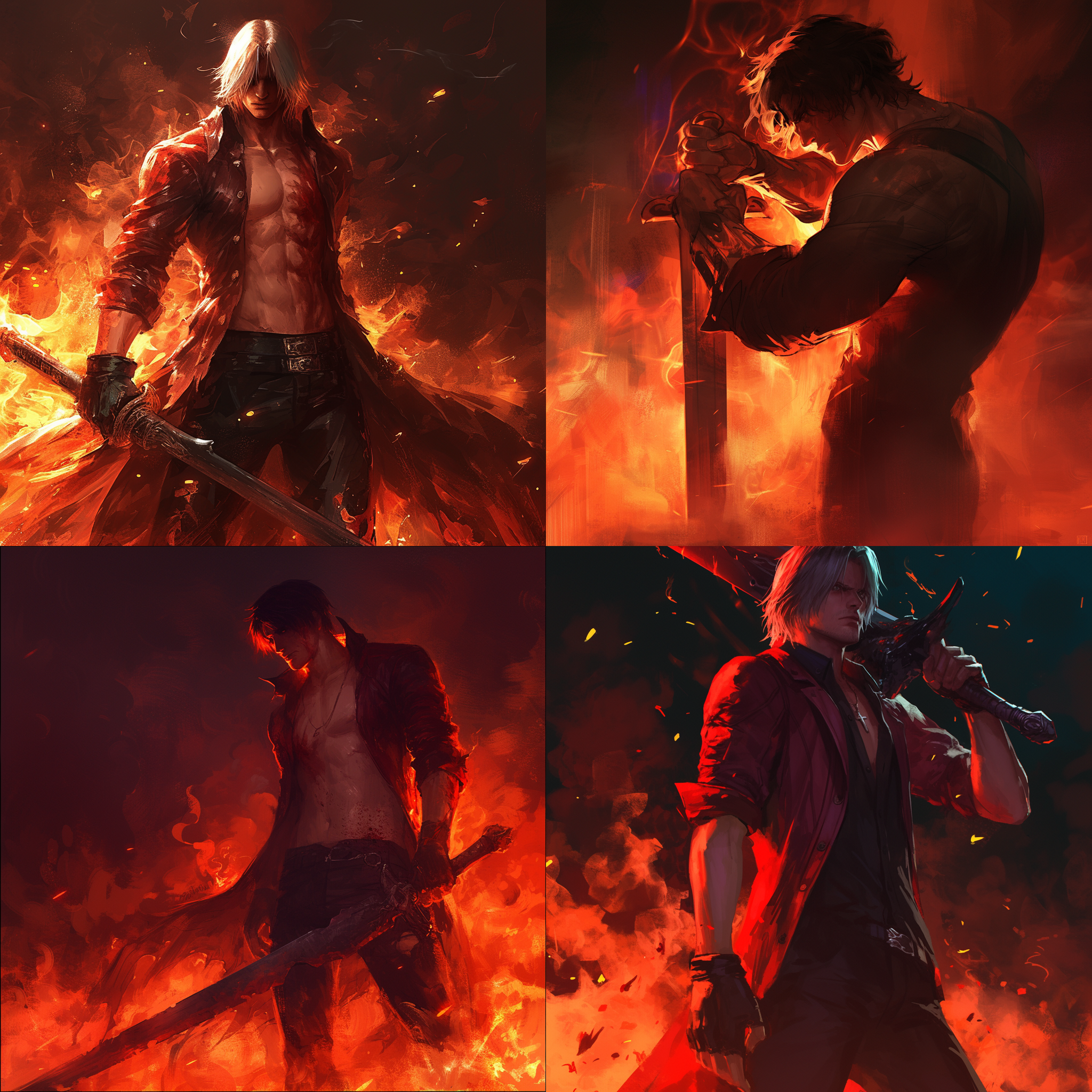 但丁站在燃烧的地狱之火前，背景是朦胧的烟雾和漆黑的幽暗，他英俊的面容凝视着远方，一手紧握着恶魔之剑，阳光透过烟雾，照亮了他的轮廓。,但丁,恶魔之剑,地狱之火,朦胧,英俊,阳光,幽暗,烟雾,战斗姿态,紧张,黑暗,燃烧,肌肉线条,鬼泣五。