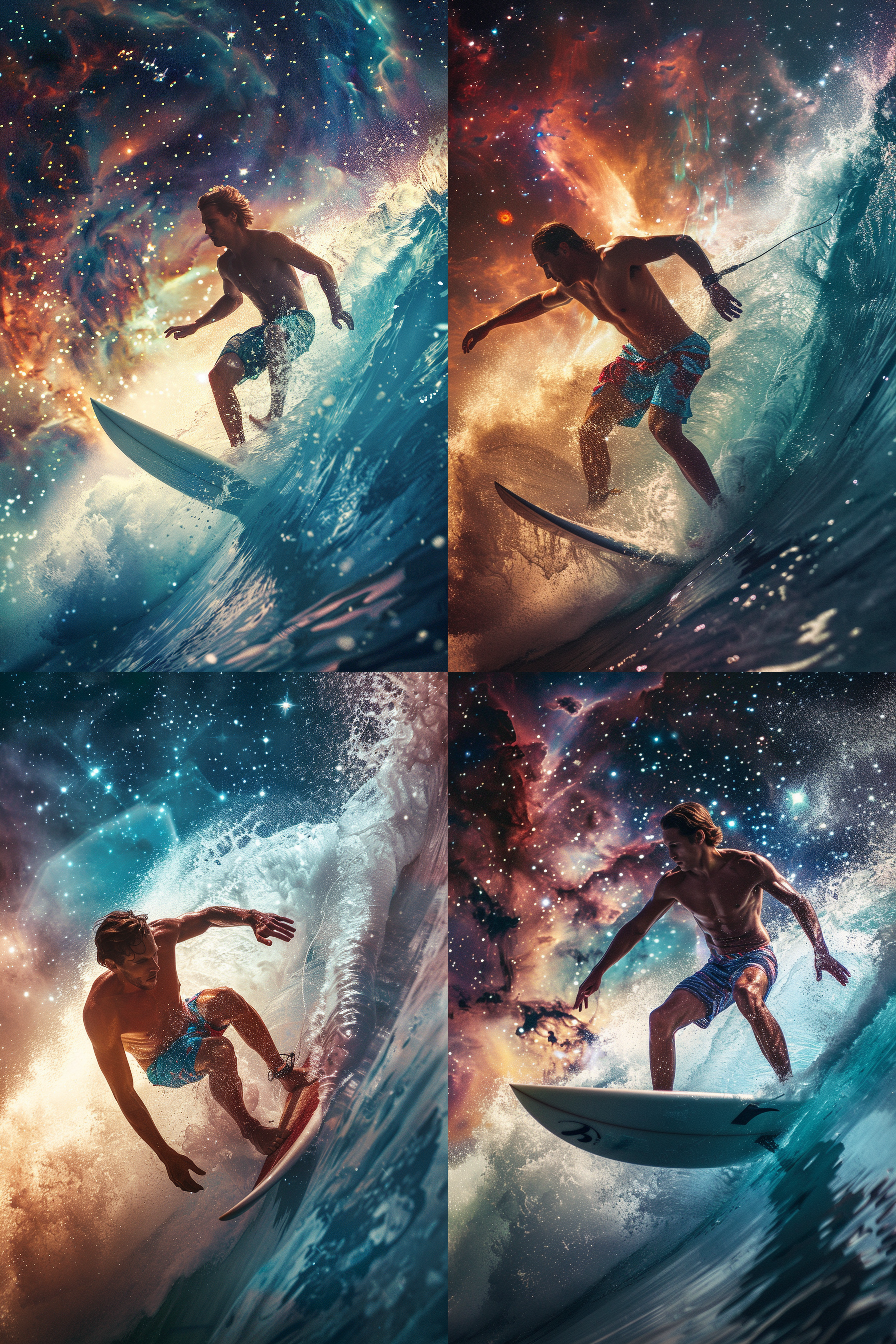 年轻帅气男子冲浪，宇宙星空背景，正面，高清，广角镜头，动作矫健，肌肉线条，激情四射，明亮色调，自由，刺激。