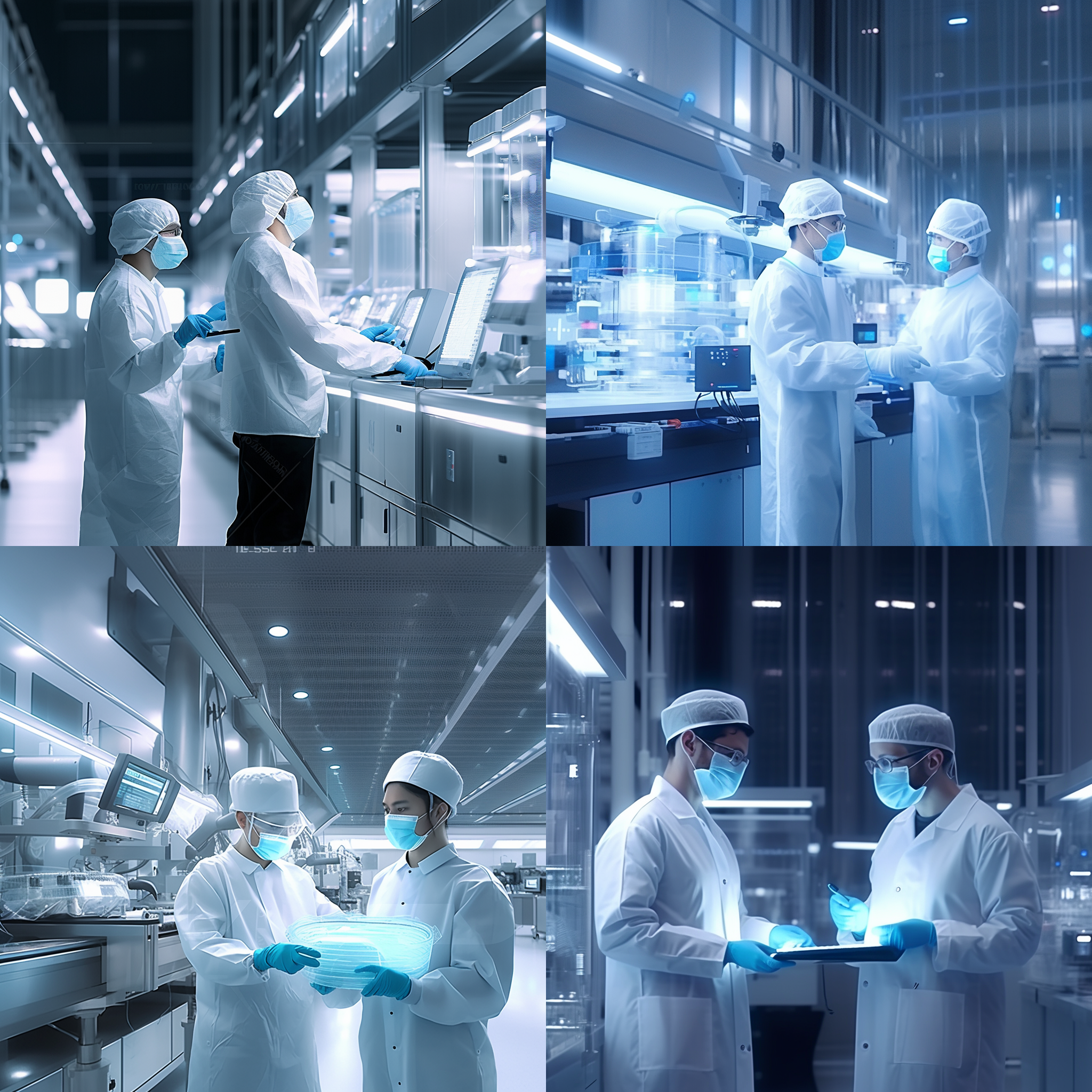 工程师与科学家穿着白色口罩和无菌服装在rna产品制造中工作，动态gif呈现，热爱工作并渴望学习更多知识，真实场景，详细描绘，16k分辨率，制造肖像，医药行业，高级图形，真实主义，明亮灯光，专业服装，白色面具，动态姿势，创新精神。