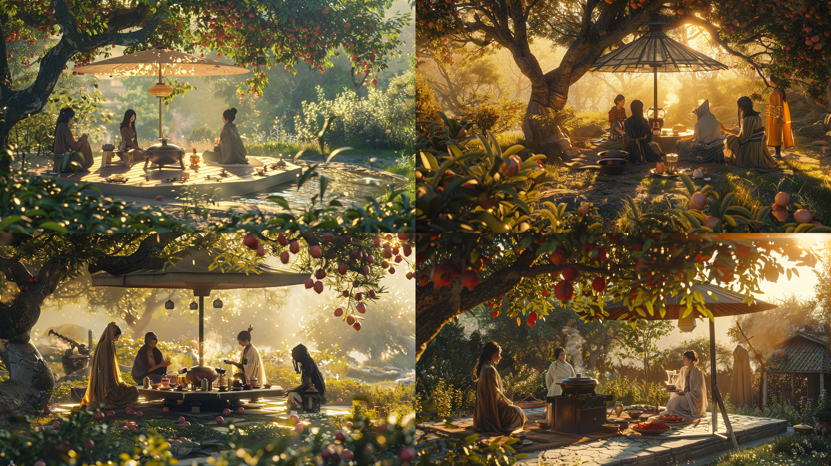 人们围炉煮茶，六边形平台，石榴树，遮阳伞，阳光明媚，户外，中焦镜头，自然光，静态，和谐色调，休闲，舒适。