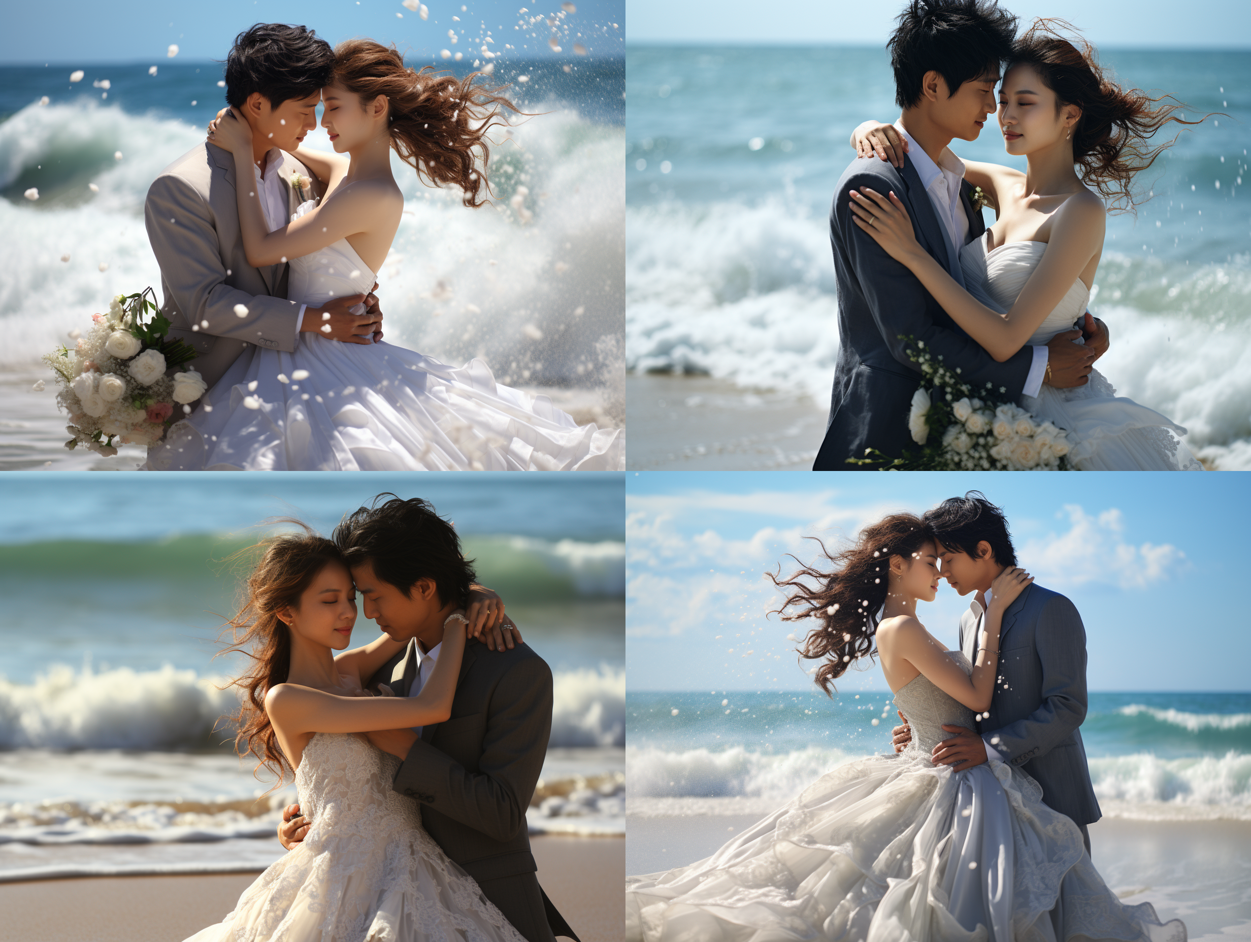 为了创建一幅描绘中国情侣在海边沙滩拍摄婚纱照的高清、唯美的摄影作品，我们需要详细地计划场景设置、人物造型、摄影技术参数和构图。以下是高阶的图像提示词和技术规格，以确保照片的高质量和艺术表现。 场景描述： 环境背景：蔚来的大海，金色沙滩，以大海和金色沙滩为主，形成一片浪漫的背景。蓝天白云，阳光明媚，完美的天气条件为拍摄提供了自然且充足的光照。 人物设定： 女子：穿着精致的粉色婚纱，长发轻柔飘逸，面容精致美丽，笑容幸福洋溢，体现出纯净和喜悦的情感。 男子：外表坚毅，具有硬汉的气质，身着经典的黑色西服，白色衬衫，领口微敞，目光深情地注视着新娘，表情充满爱意。 摄影技术与参数设置： 光线比：利用自然光进行拍摄，选择在早晨或傍晚进行拍摄以捕捉最柔和的光线。可以使用反光板来增加面部的亮度，避免因背光造成的逆光问题。 镜头比：使用85mm或更长焦距的镜头进行拍摄，这种镜头非常适合人像摄影，可以突出人物同时获得美丽的背景虚化效果，强调大海的浪漫和宽广。 相机像素：使用至少3000万像素的全画幅相机，确保细节的清晰捕捉和后期编辑的灵活性，适合高质量打印和展示。 构图：采用传统的三分法构图，将情侣置于画面的一侧，使他们的眼神交流成为焦点，同时保留大量花海作为背景，增加视觉的深度和故事性。 后期处理： 调整色彩饱和度和对比度，使大海和沙滩的色彩更加生动，同时保持皮肤色调的自然。 轻微增加锐度，特别是在人物的细节上，如新娘的婚纱和新郎的西装纹理。 可以添加轻微的光晕或柔焦效果，增加照片的梦幻和浪漫氛围。