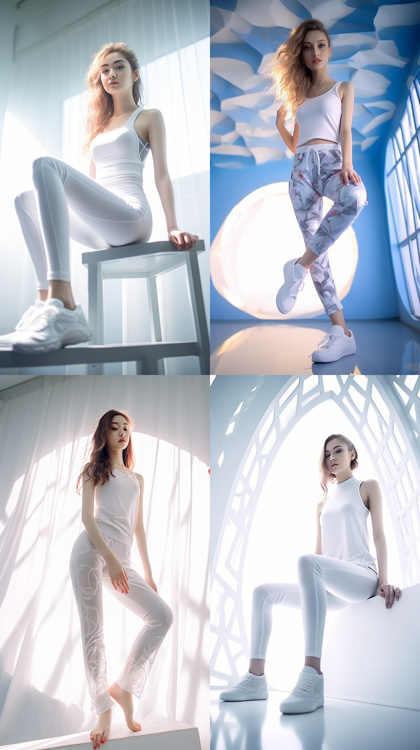 女式瑜伽裤在房间，高清摄影，20岁女性，光线明亮，活泼，海滩，阳光明媚，全身照，时装摄影，清爽，摄影棚，东方女性，白色房间，光脚