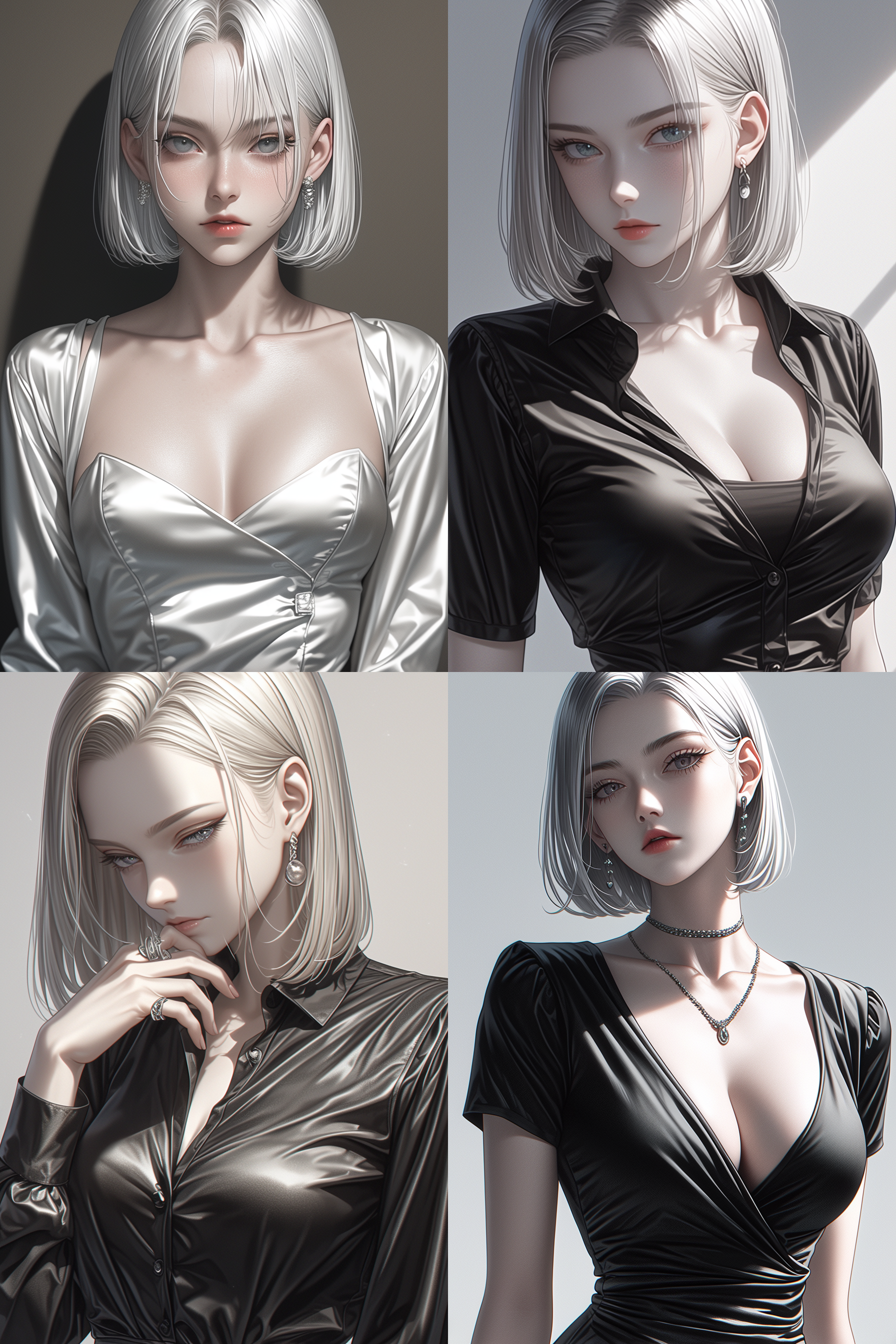 七龙珠18号，裙子特写::7，deep u-neck dress，手，眼睛，米色短发，修身装，16k，超级细节，高雅气质，端庄大气，现代风格，艺术感，令人惊叹的照片， 极限特写 头部特写