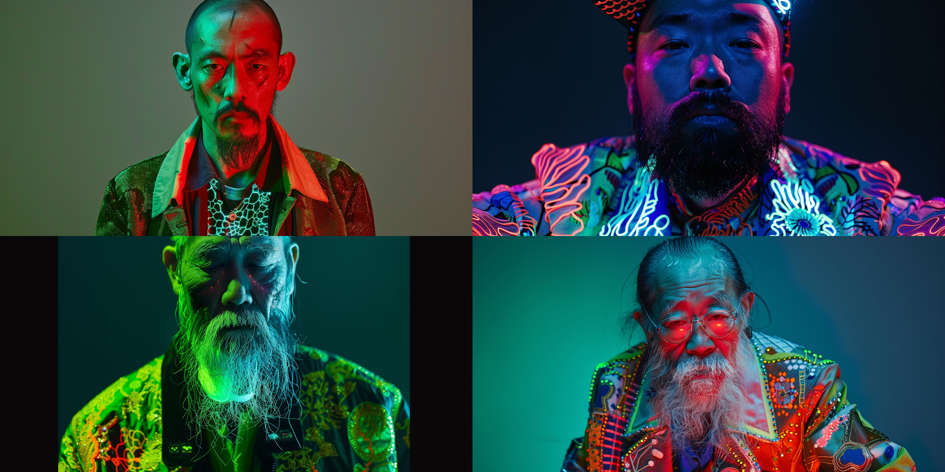 portrait of a thin chinese man, obviously tired, wearing a jacket with fungus environment network and pill glow embroidery, the wearer is a bearded angry belgium, solid neon green background illuminated by black light, trench coat exuding playful glow embroidery , vibrant designs, thick textures and volumetric forms, exquisite embroidery craftsmanship, rich color stories, the feel of textile fabrics, extremely realistic shooting, film, portraits, exquisite color grading, shooting, depth of field, studio lighting, soft light