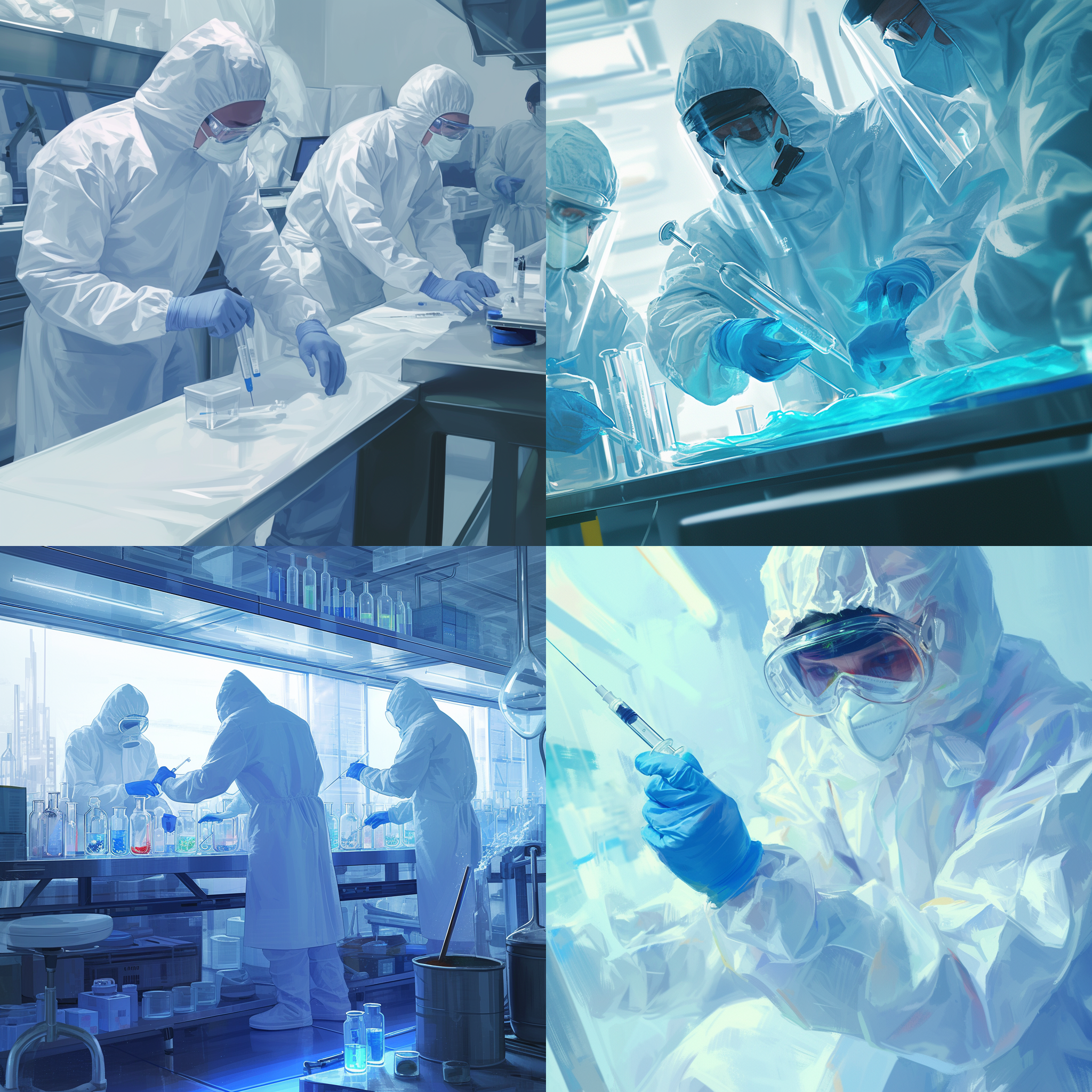 药品行业，工程师和科学家戴着白色口罩和无菌服装，为rna产品工作。制造肖像，动态gif，严谨细致的角色插图，写实场景，细致描绘，16k分辨率，现代风格，明亮照明，高级质感，专业氛围。