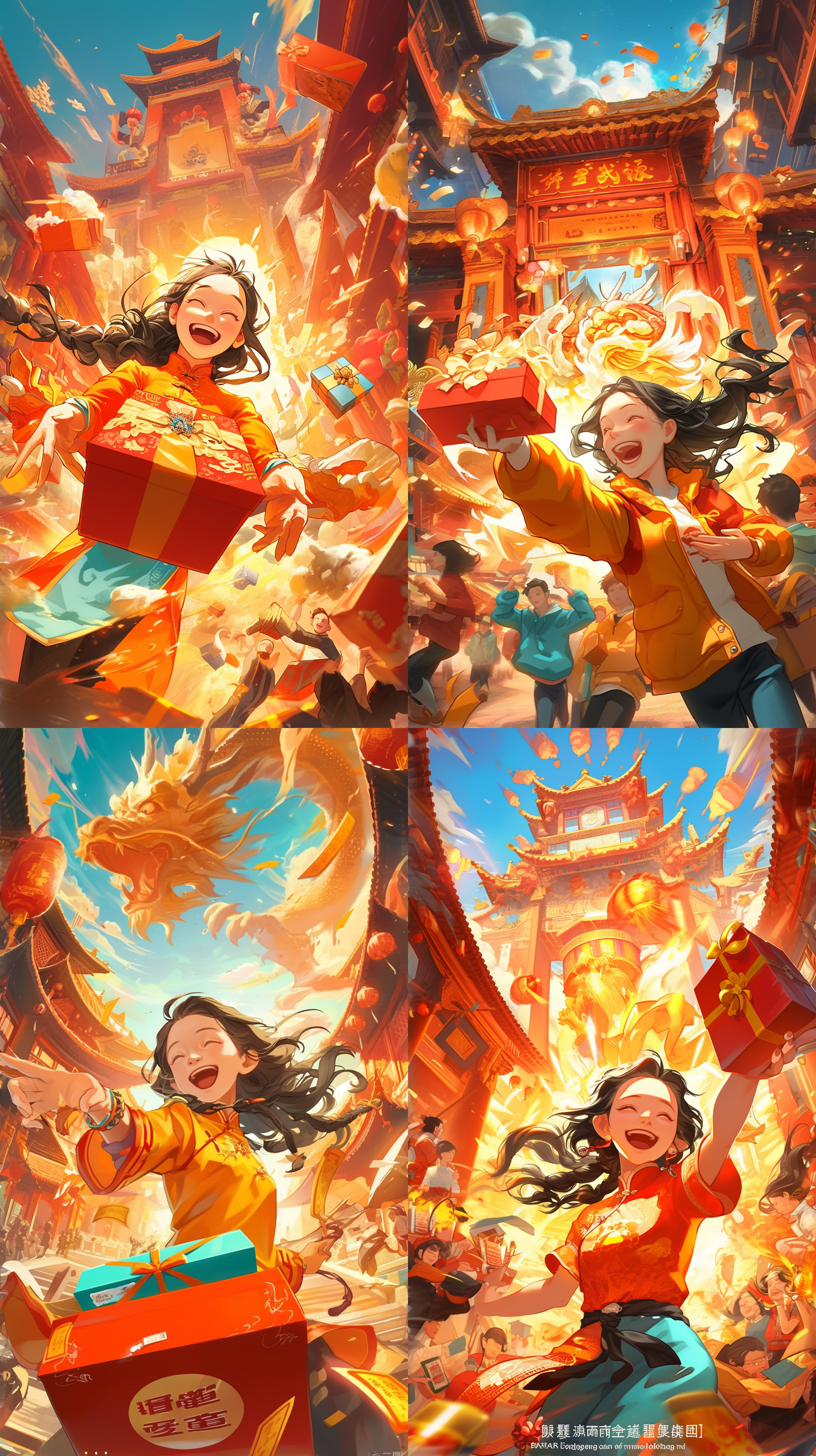 制作一张电商活动插画海报，过年氛围，中国风，整体色彩喜庆，背景是红色城楼，霞光满天，姑娘提着礼品盒兴奋的从城门滑出，中国风背景，红色城楼，霞光，喜庆色彩，兴奋表情，角度适中，标准镜头，主题色调，动态，传统服饰，节日氛围，女孩占画面比例为三分之一，特写镜头