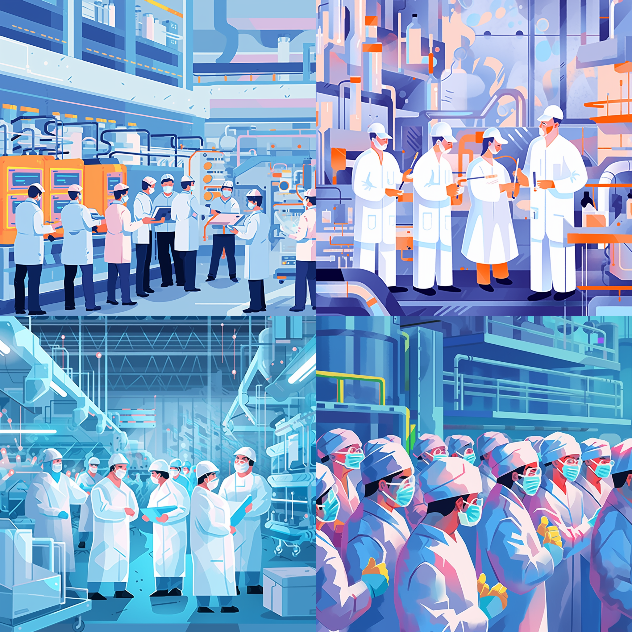 一群工程师和科学家戴着白色口罩和无菌服装在rna产品的制造中工作。他们充满热情地工作，渴望学习更多知识。卡通风格，16k分辨率，制造肖像，明亮色调，高清晰度，队形排列，专业仪器，微笑。