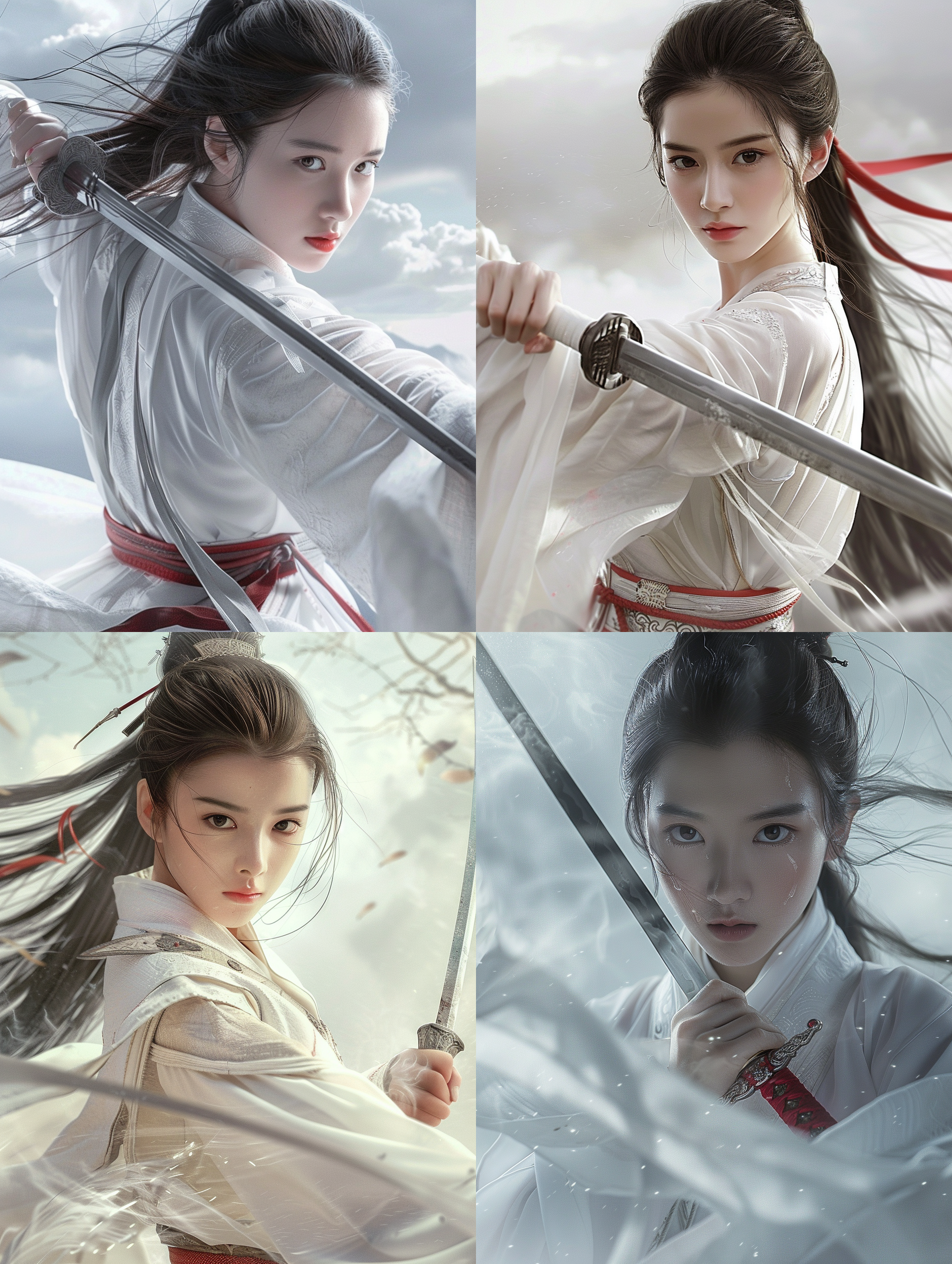 long shot,ancient a 20-years-old girl looking into camera,holding sword in hand,​​clouds billowing,gentle eyes,black straight hair,three-dimensional facial features,wearing white clothing ,red belt,flowing cloth,ancient chinese idol drama style,panorama,super realistic,super realistic,super realistic,photo,illustration,high detail,hyper quality,