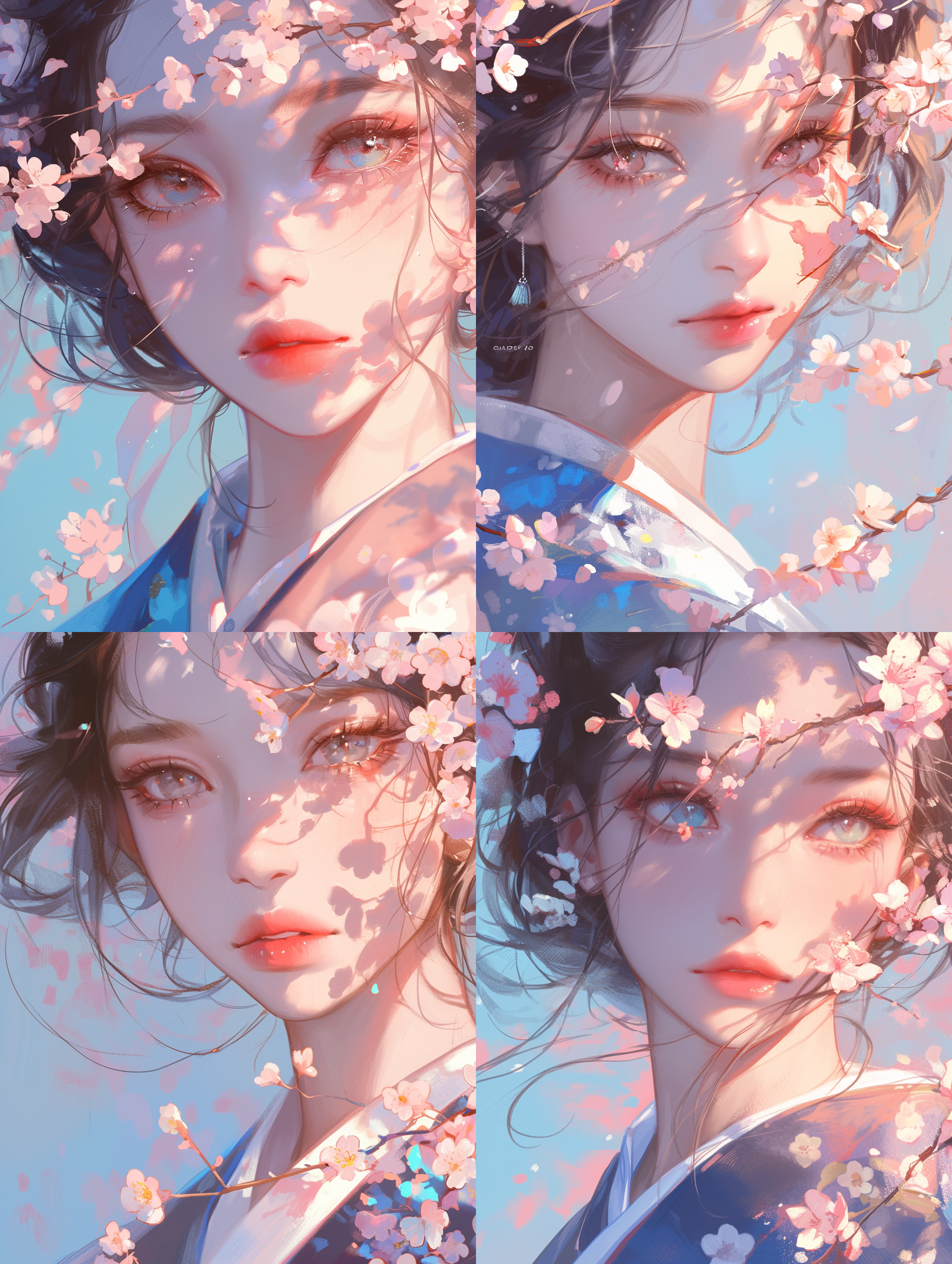 美少女正脸精致妆容，大头照，樱花叶子飘落在镜头前，阳光洒在脸上，蓝色调