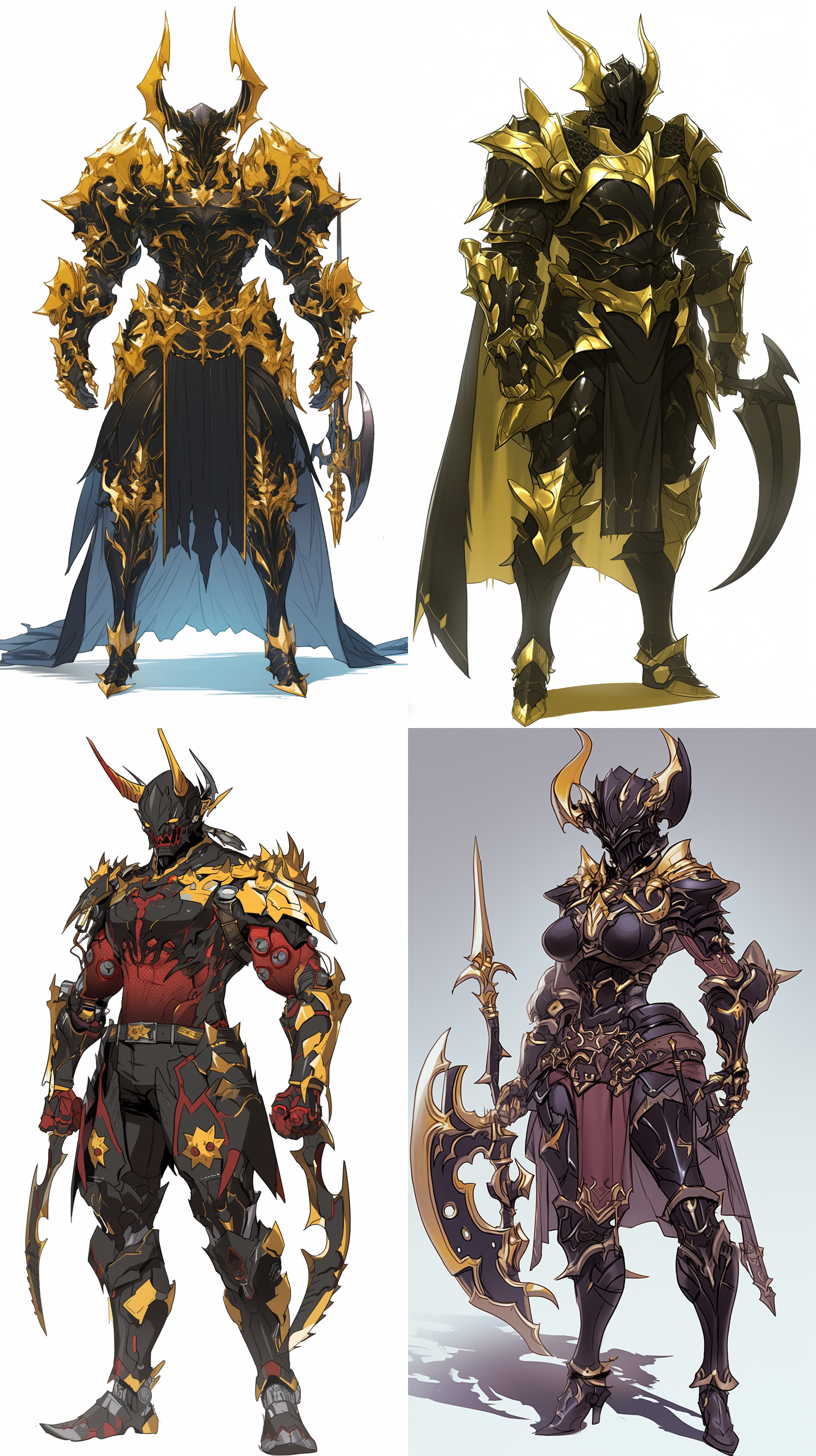 红皮肤恶魔::2，怪物，身材精壮，穿贴身黑金色的全身金属铠甲::3，带黑金色头盔和面具::3，双手持短手斧和短镰刀::2,头上有一对触角，散发出狂傲的气质，动漫插画风格，角色设计，冷光，魔幻，金属刀质感，全身，4k，超级细节