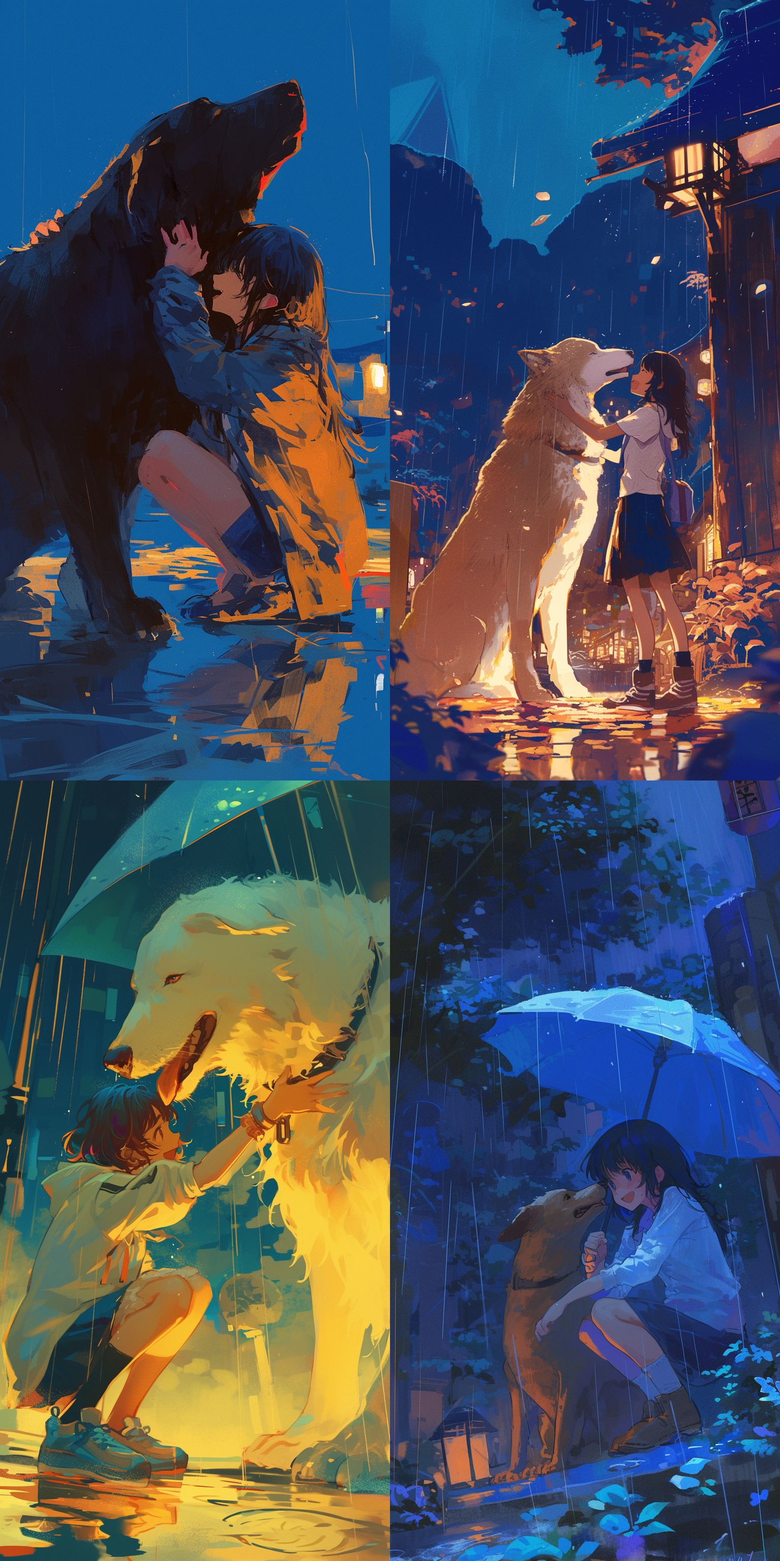 少女与大狗一起玩耍，表情开心快乐，色彩对比，雨夜