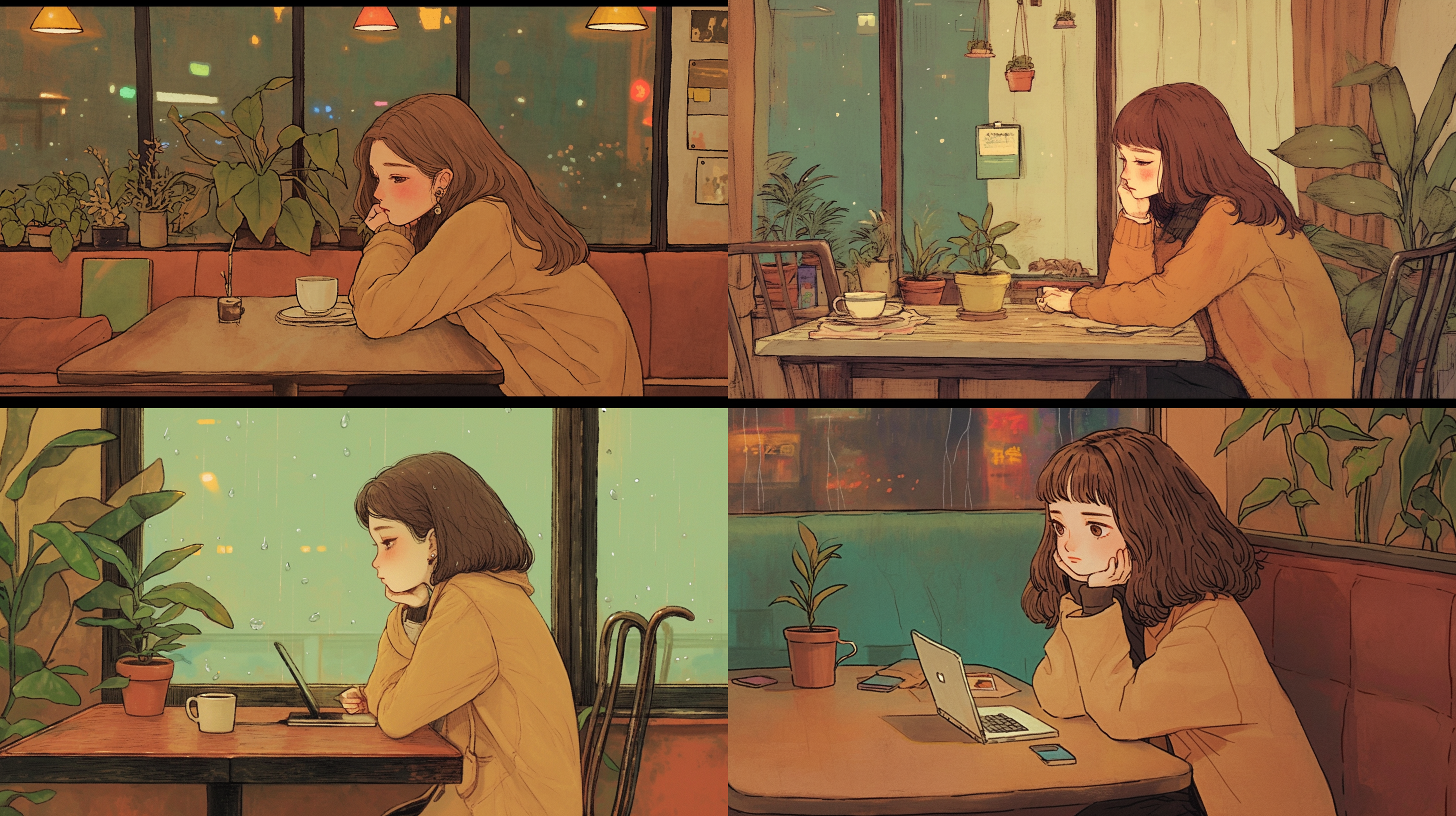 一个女生坐在桌前，落寞，伤心，治愈系画风，温暖