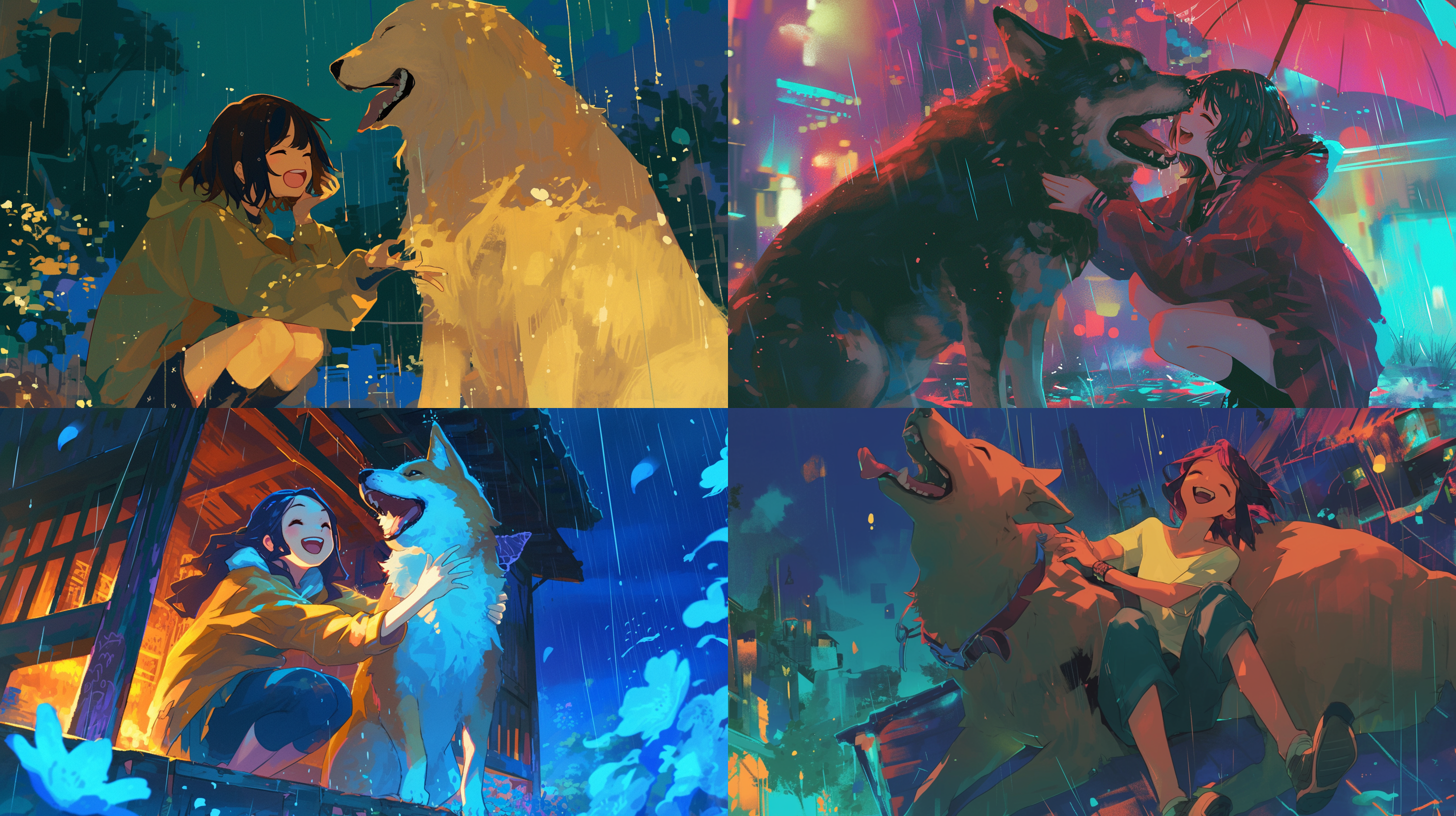 少女与大狗一起玩耍，表情开心快乐，色彩对比，雨夜