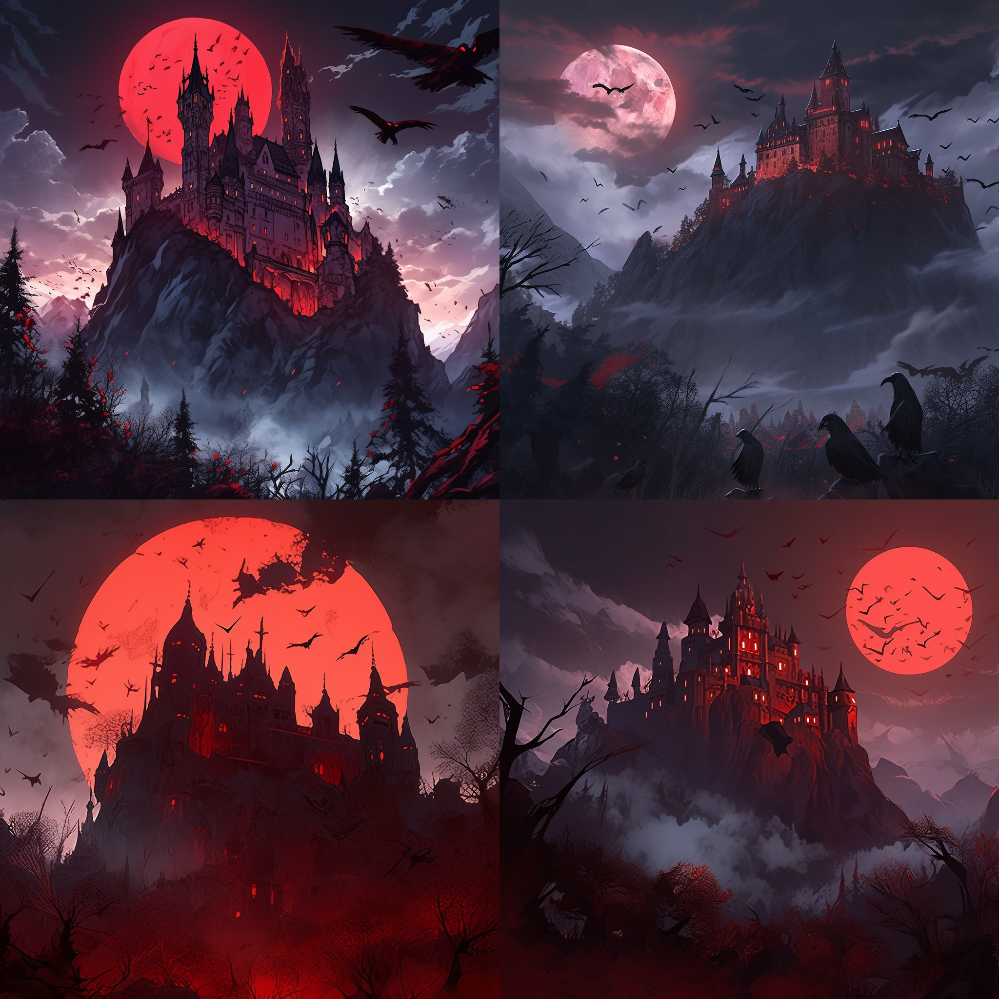 红色月亮笼罩德古拉城堡，多层次城堡结构，宏大，阴森，悬崖上的城堡，蝙蝠围绕，远景，飞扶壁，哥特风格，暗调，中焦镜头，环境光，静态，神秘。