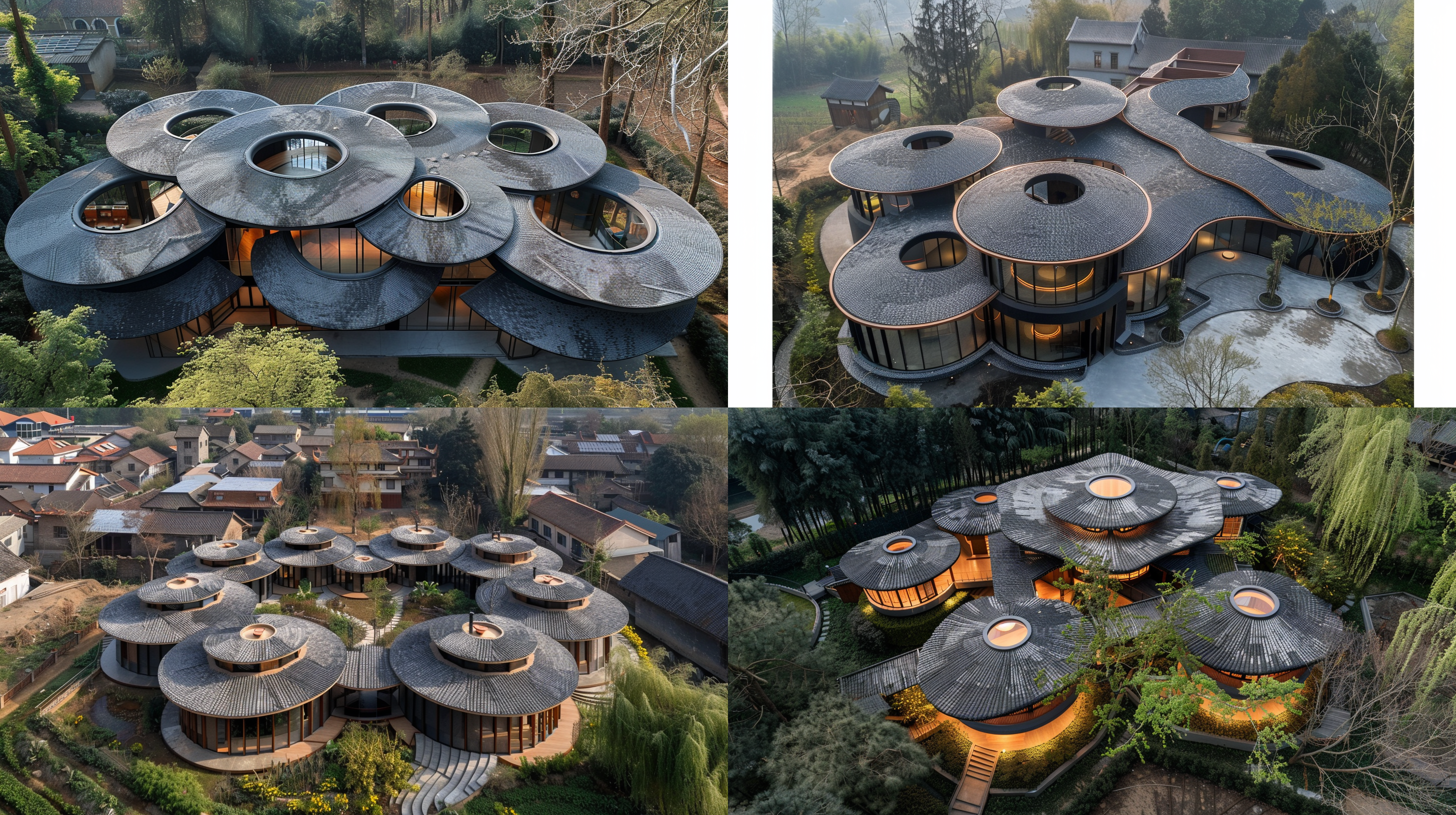 bird's eye view of a chinese sloped roof house with octagonal rings