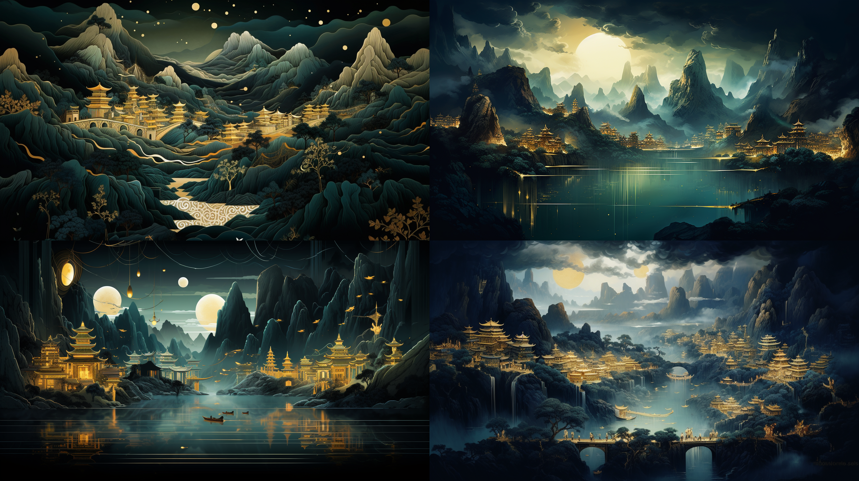 poster, blue and gold, mountains, chinese, flowing fabrics, ancient china cityscapes, dark green and aquamarine, embroidery