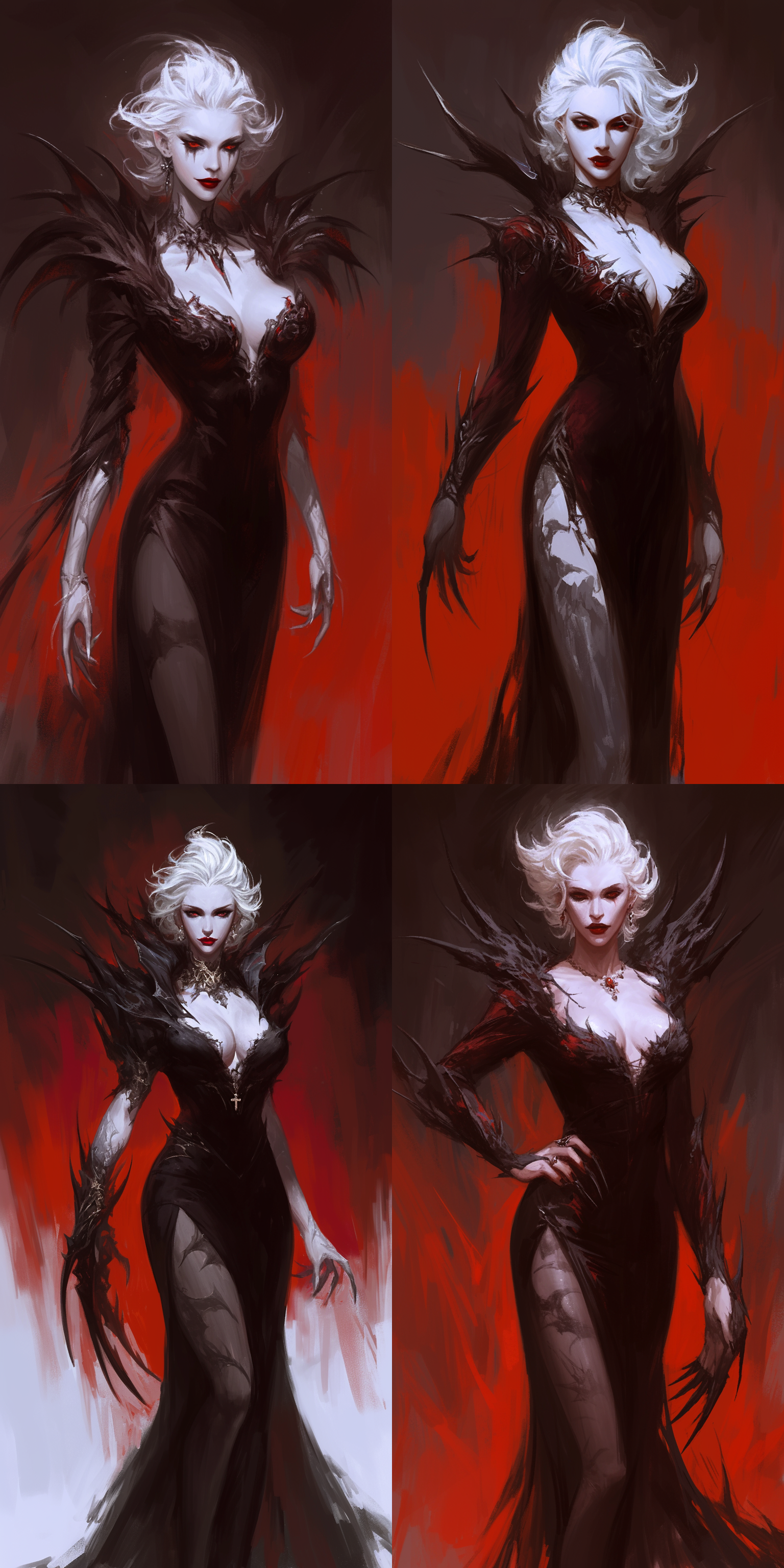 vampire，红黑配色的裙子，黑色丝袜，高跟鞋，古堡内部，哥特风格，阴暗的色调