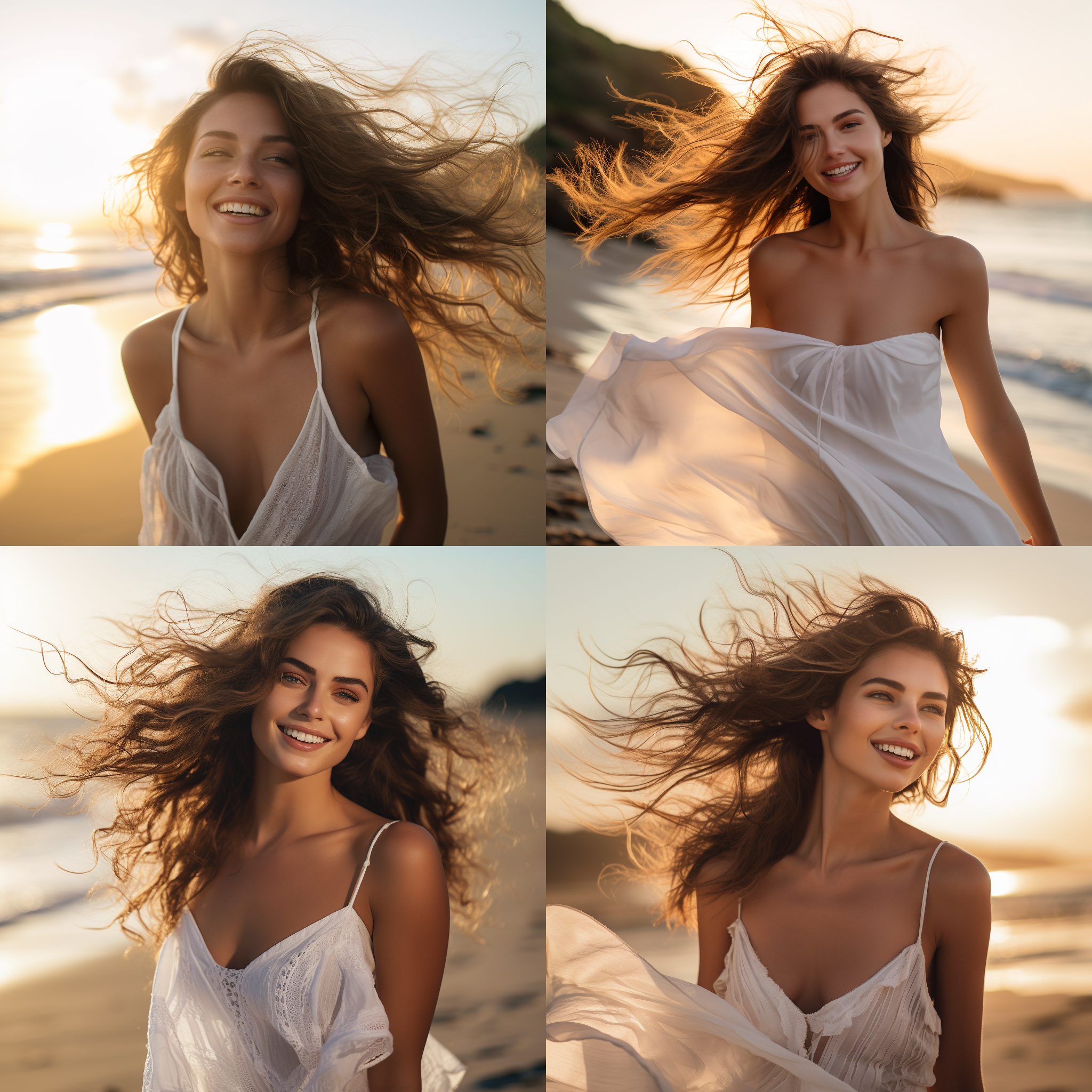 夏日女模特，沙滩上，柔和的日落光线，背景波浪翻滚，穿着白色连衣裙，微笑，风中飘逸的头发，自然姿态，暖色调，特写镜头，背景模糊，轻松愉悦。广角镜头，柔光，正面光，微笑，轻松，欢乐。