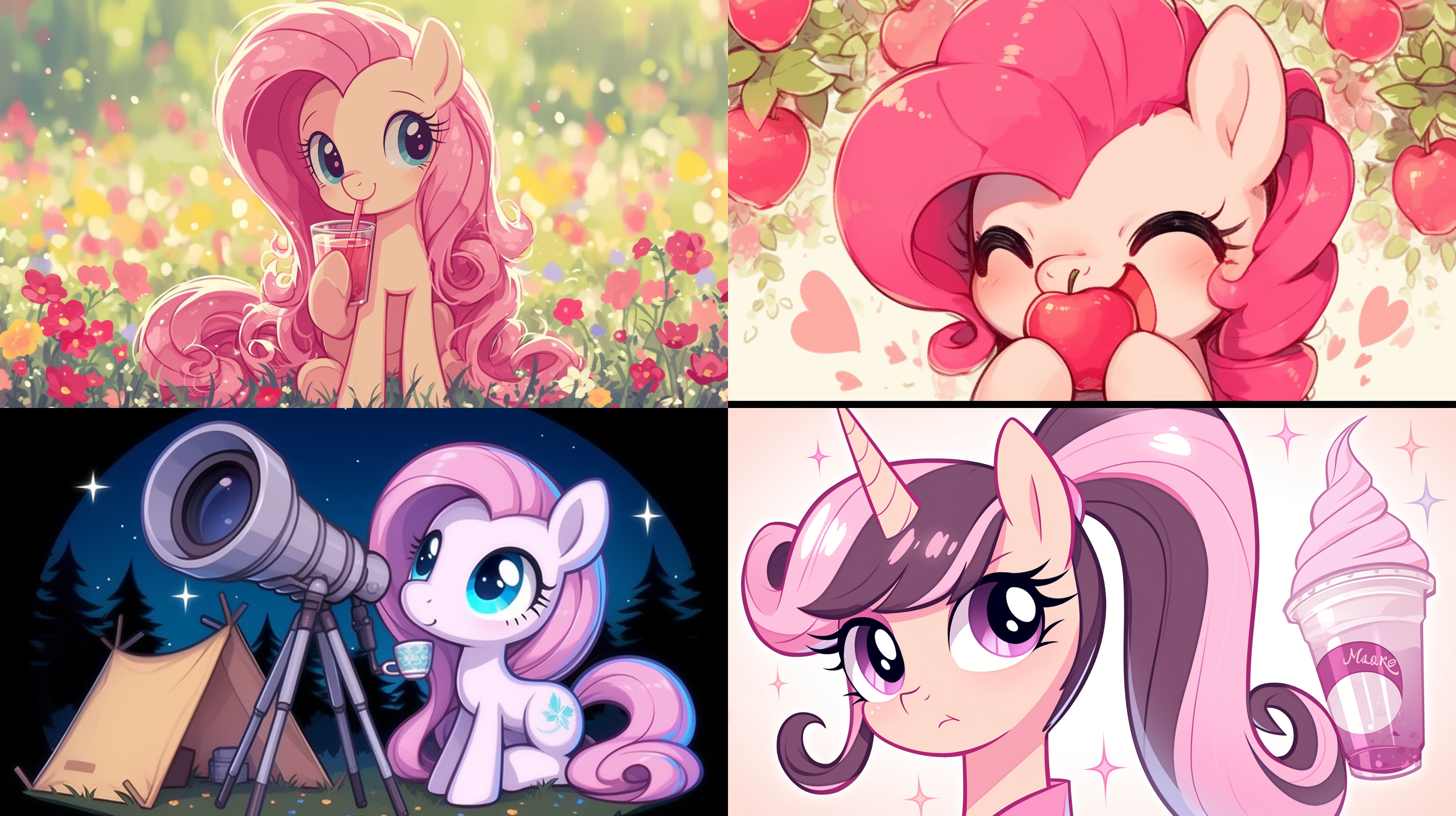 一只粉色的小马在树林里喝茶，长焦镜头快门优先 超扁平 润二