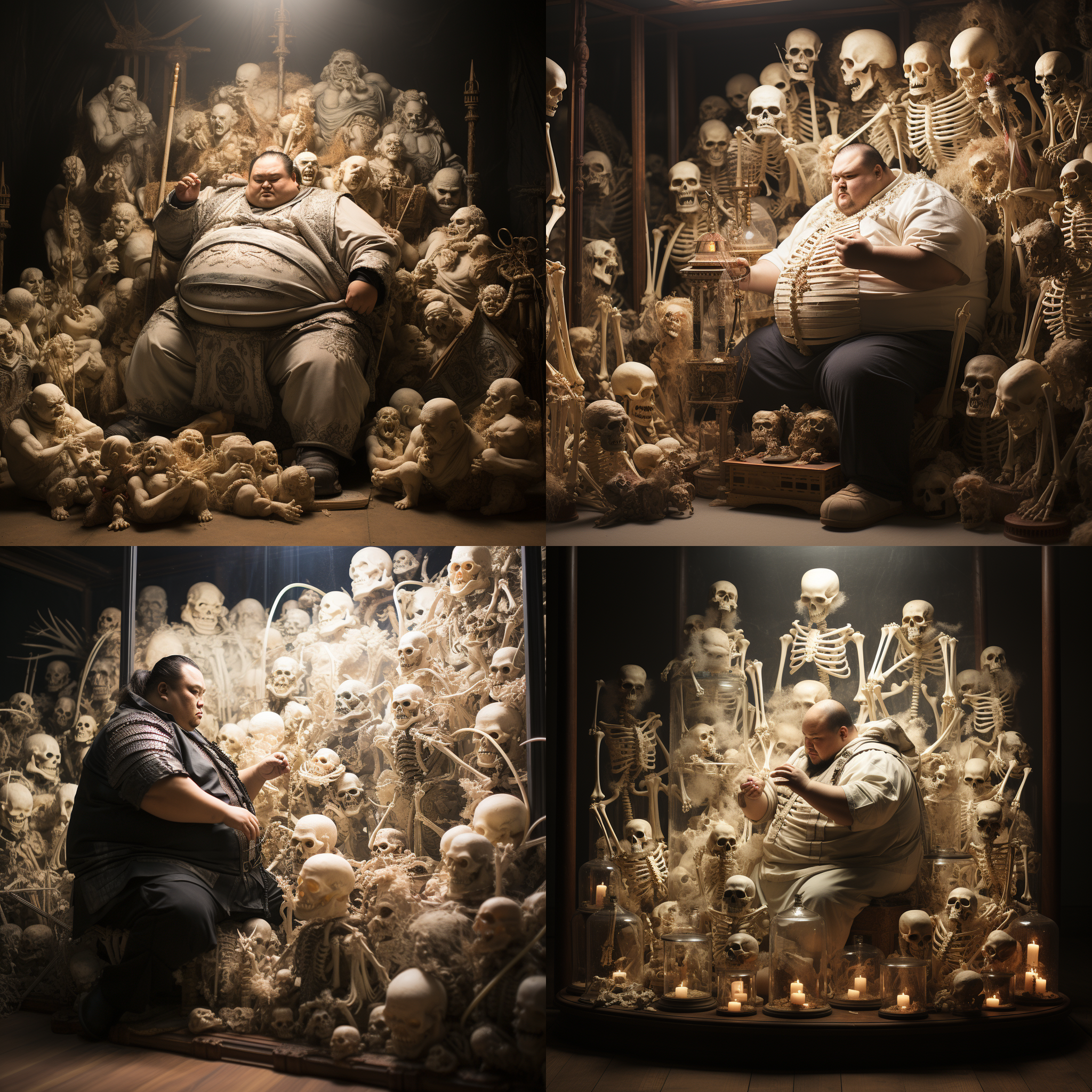 一个肥胖的日本相扑选手站在由骷髅组成的地球上，诡异的气氛