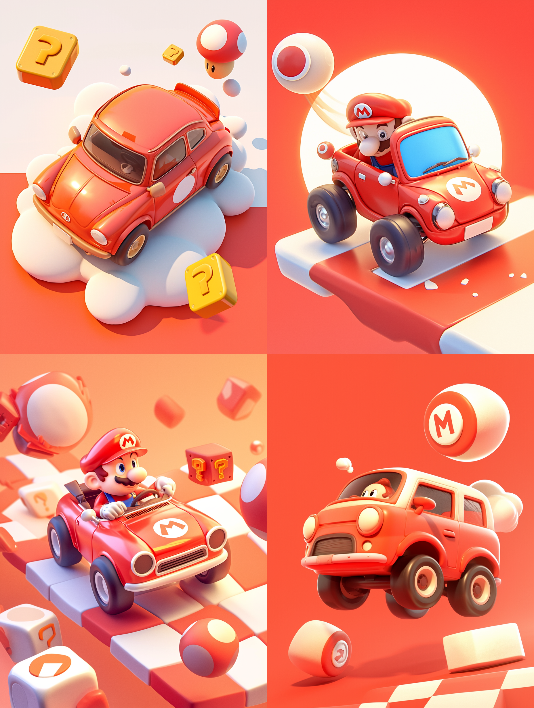 汽车奔跑，3d图标，卡通，黏土材质，光滑而光泽！任天堂。等距投影，红白色调，聚光灯，白色背景，最佳细节，高清晰度。3d渲染，高分辨率。