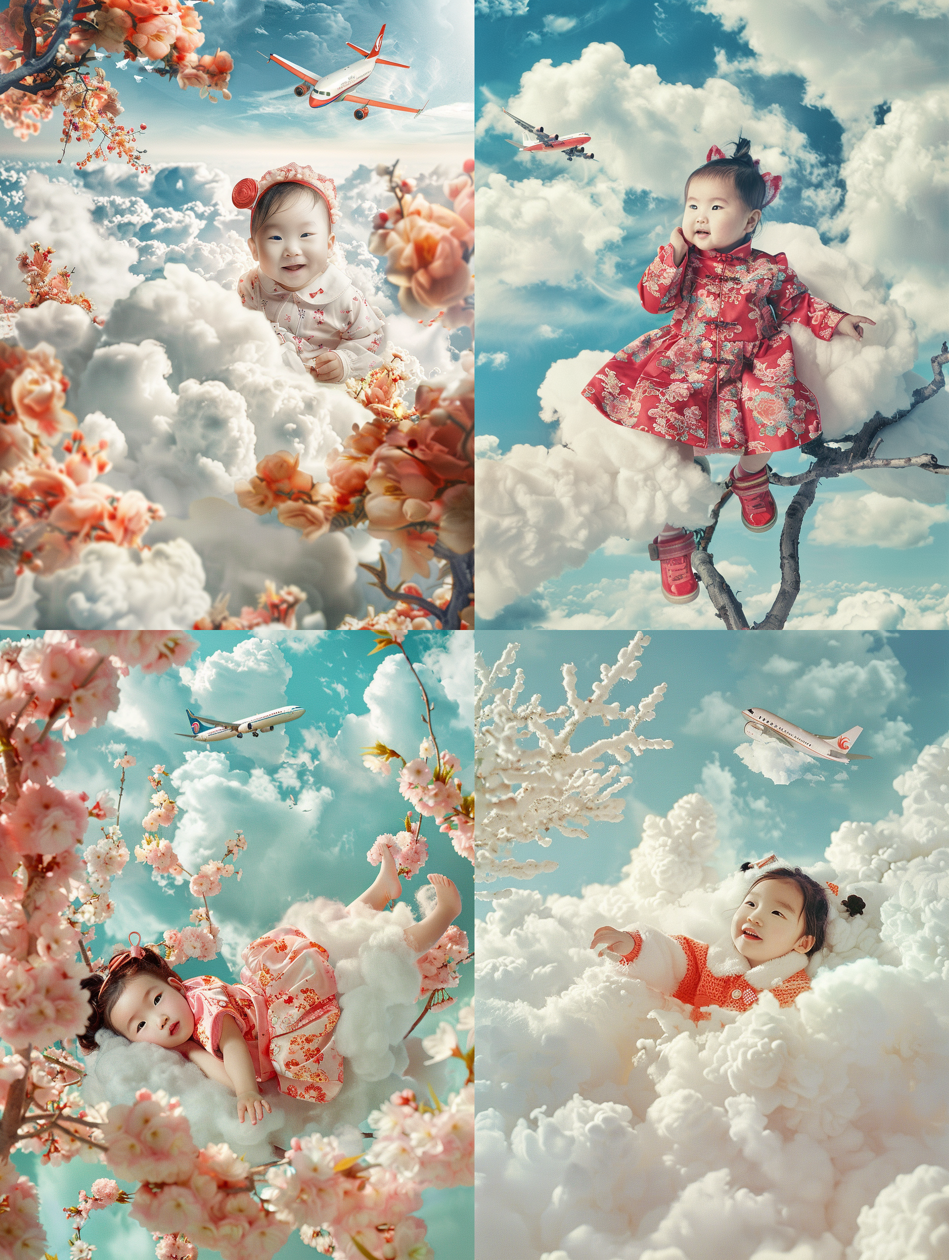 哈苏拍摄，这是miumiu的广告，一张可爱的中国宝宝在树云上的照片，动态风格，天空中的飞机，背景是天空。约占一半以上，营造出欢快的气氛。她正对着我微笑，有着大光圈和明亮色彩的风格。