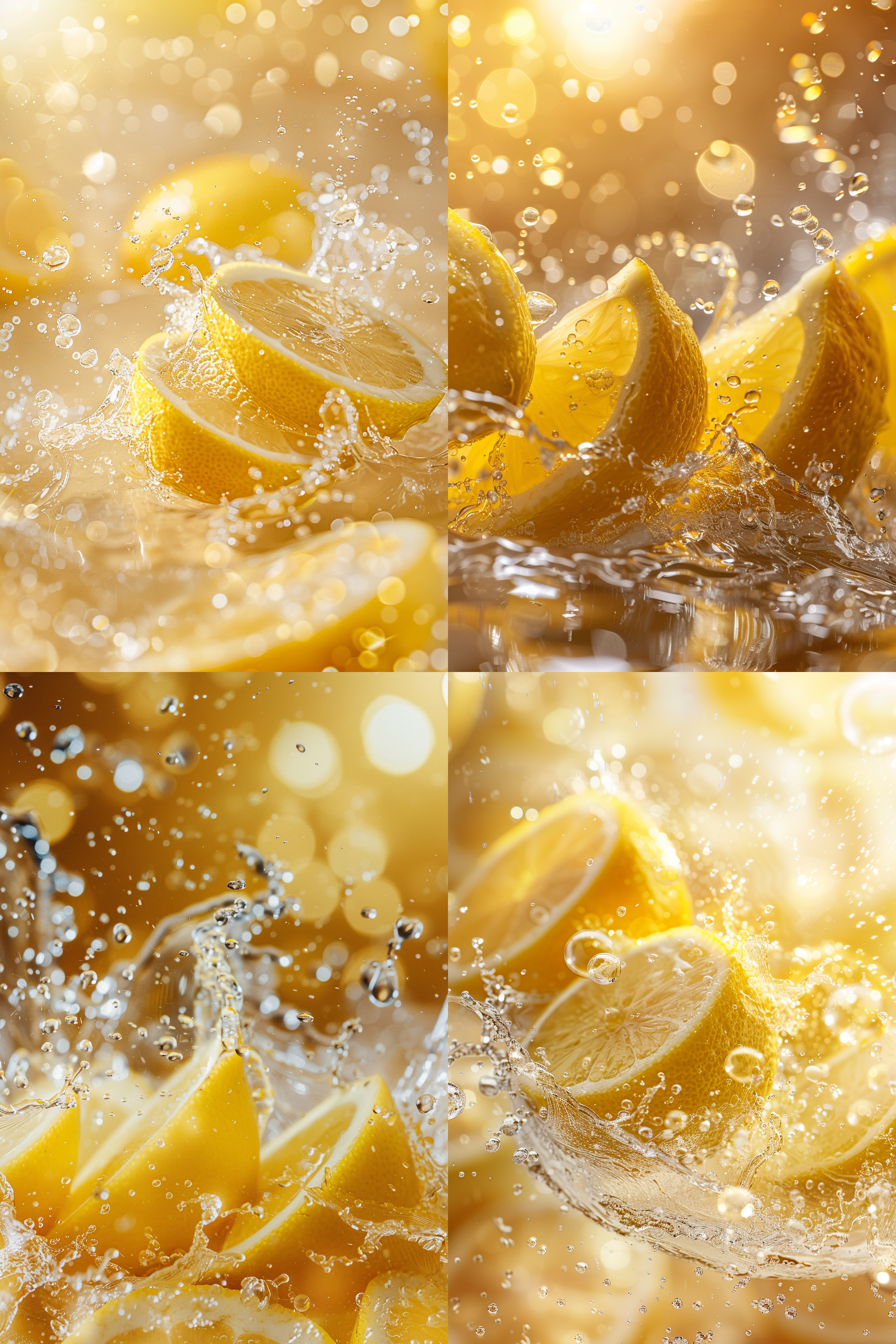 黄色柠檬飞溅水中，微距拍摄，商业广告风格，冷色调，高清画质，水滴飞溅，多气泡，暖光背景，白色光点，切开的柠檬片，飞溅液体水球。
