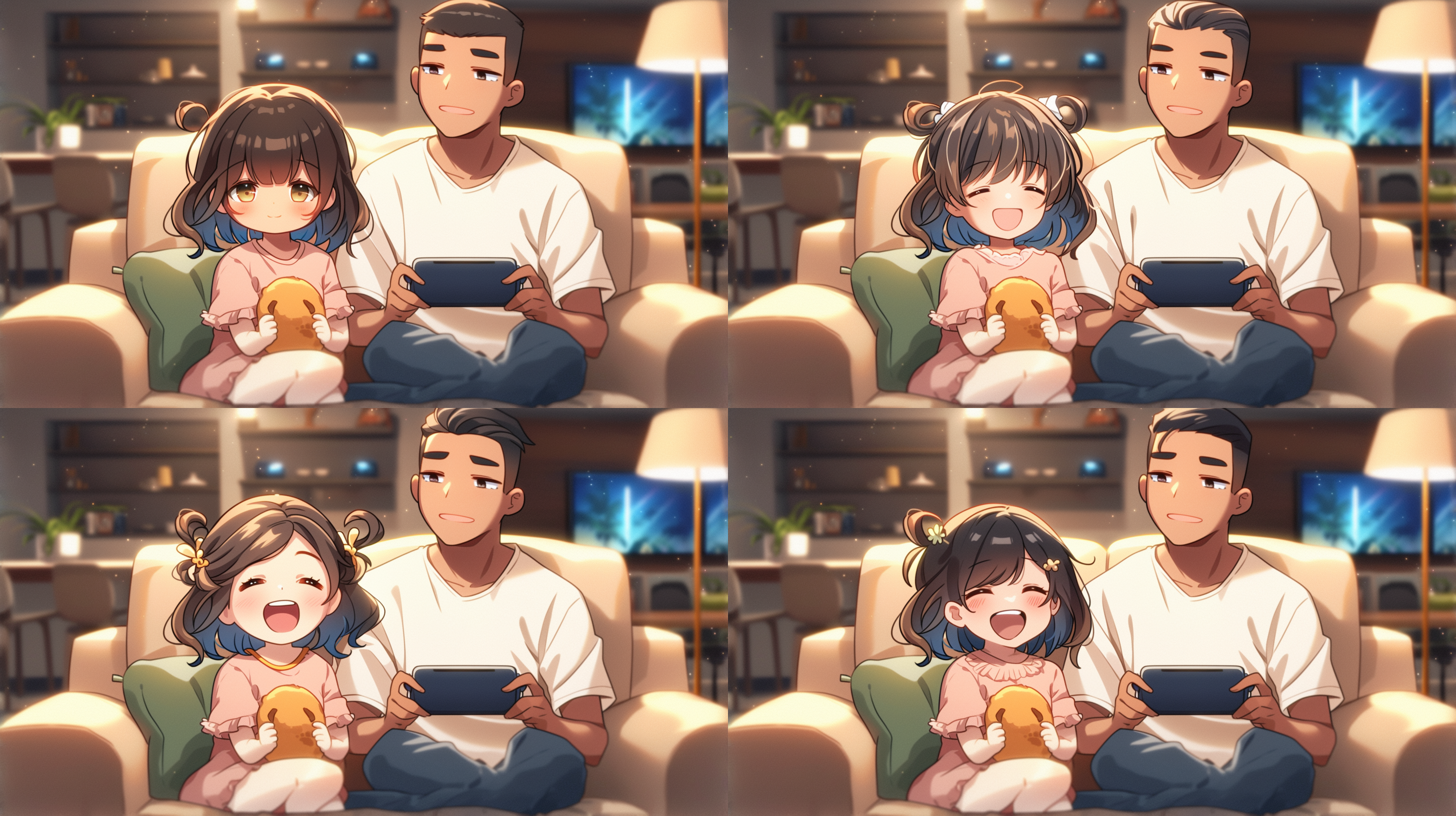 爸爸坐沙发，女儿大哭，客厅全景，自然光