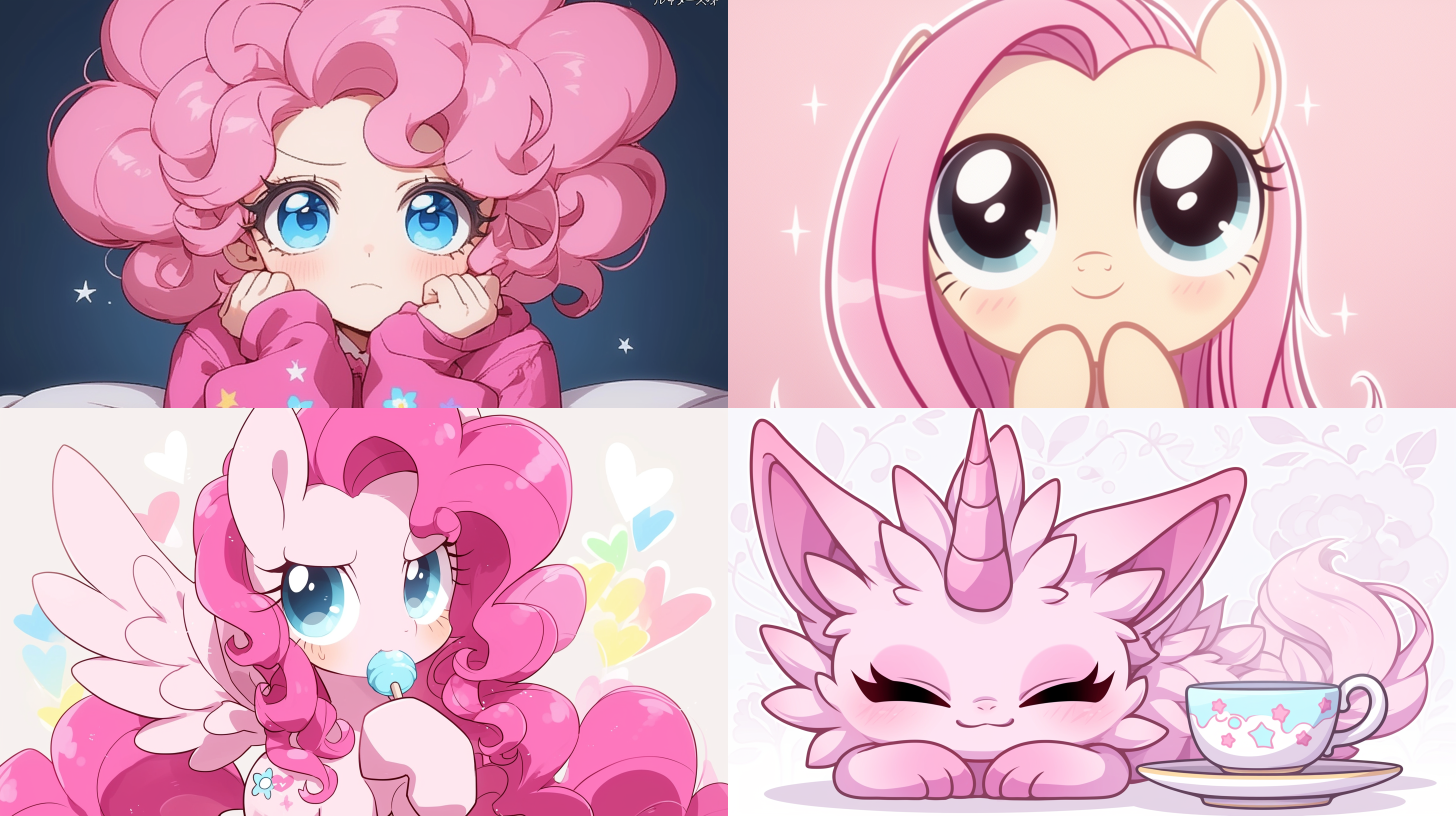 一只粉色的小马在树林里喝茶，长焦镜头快门优先 超扁平 润二