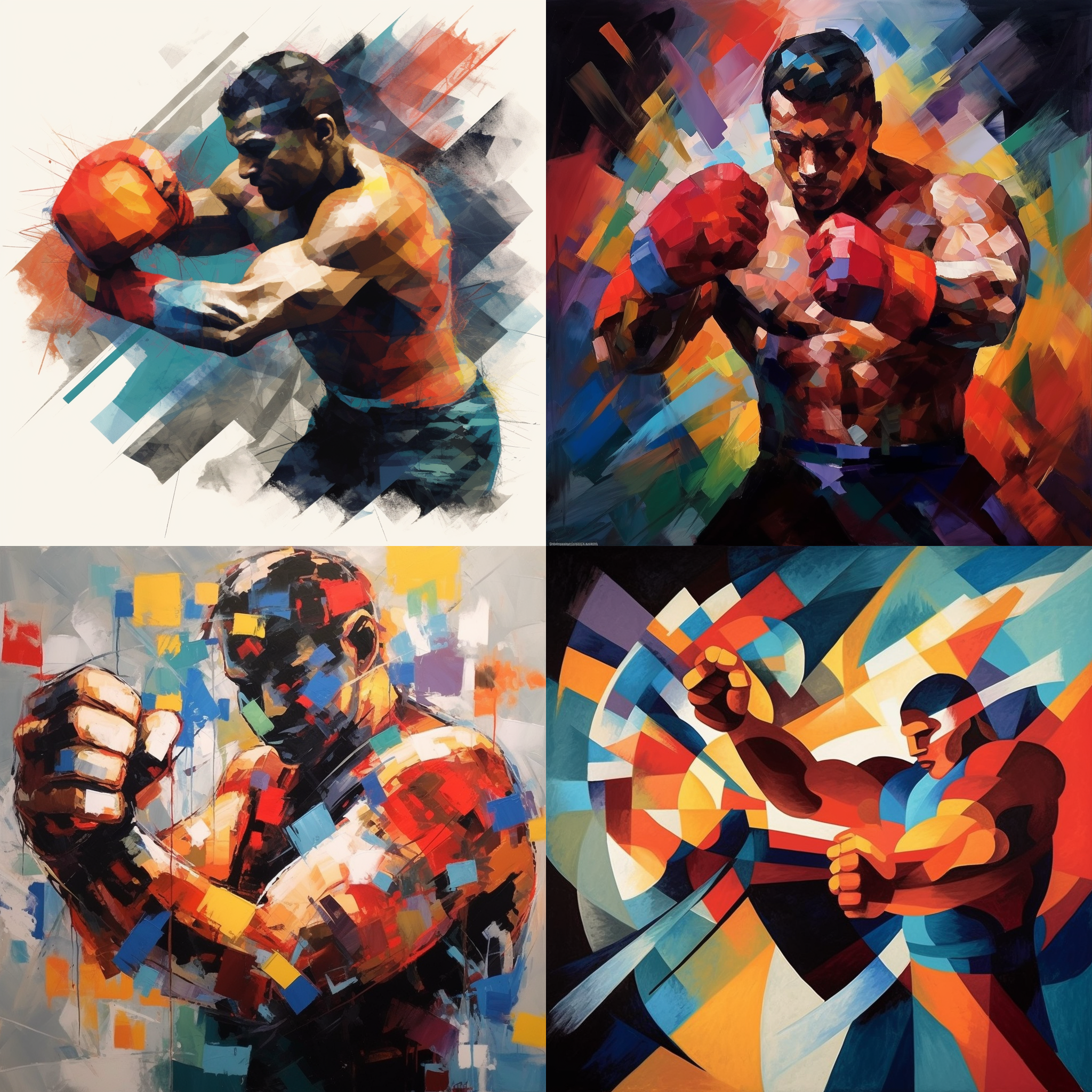 抽象拳击元素,几何图形,色块碰撞,对比强烈,暴力动感,爆发力,拳套阴影,环环相扣,动态构图,视觉冲击。