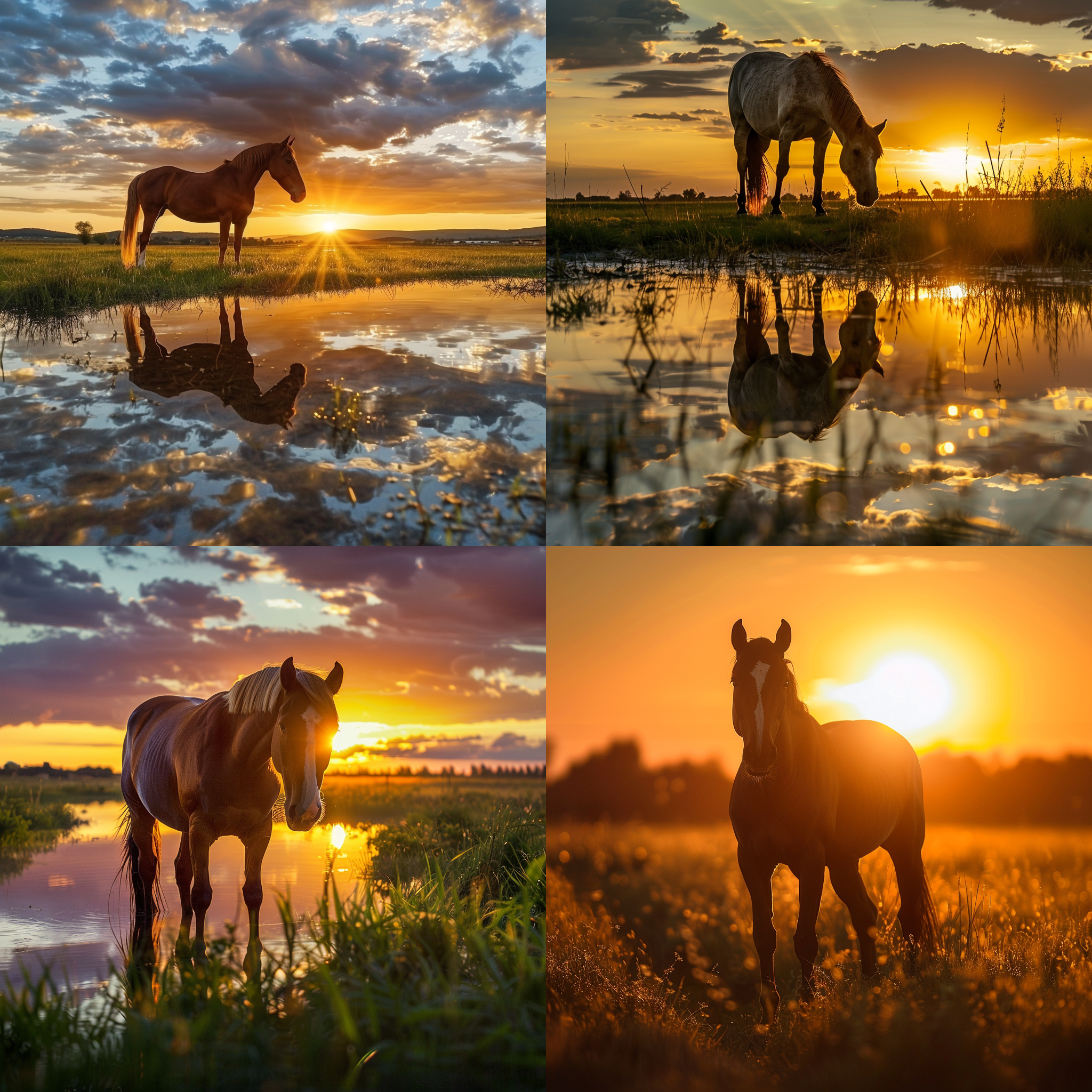 晚霞映照下的马，悠闲自在，草原上，远景，暖色调，长焦镜头，逆光，静态，和谐，金黄色，宁静。