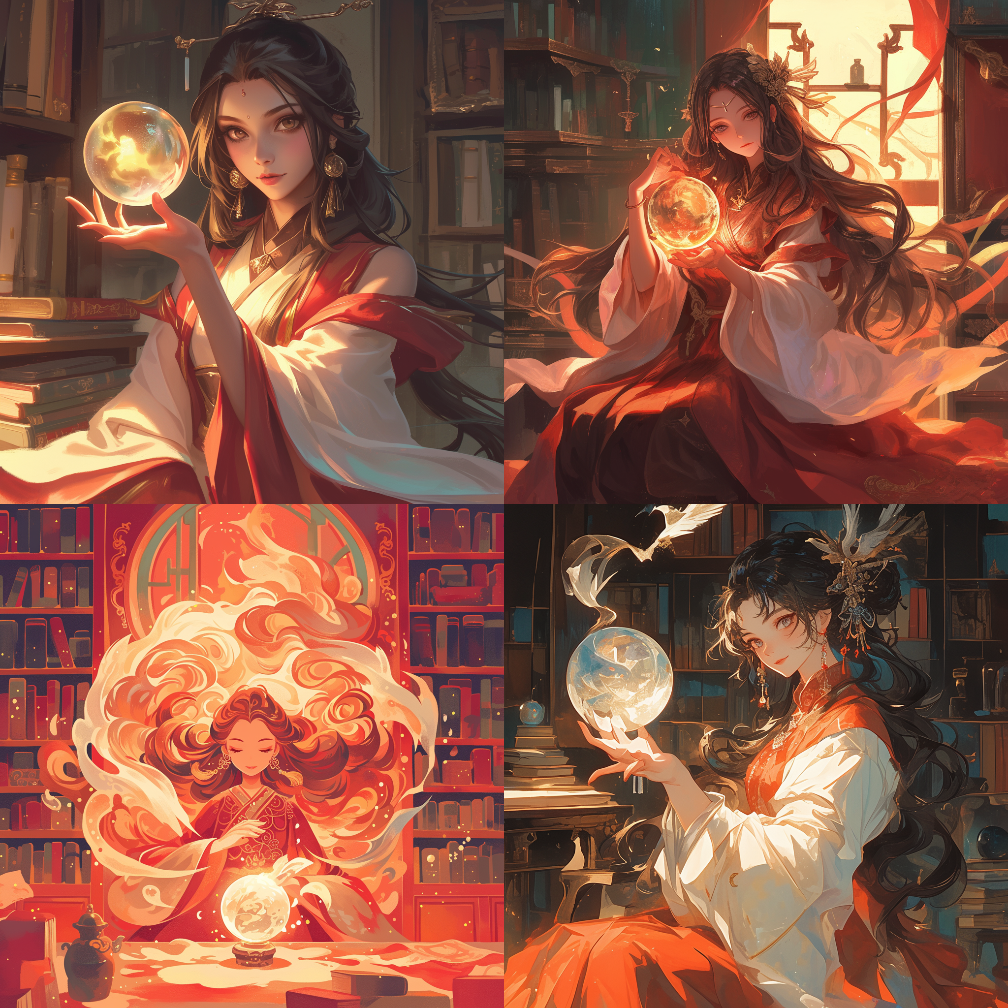 亚洲少女施展魔法，魔法图书馆，中国古风服饰，长卷发，水晶球，冷静表情，睿智，高对比度，暖色调，传统元素，古典风格，神秘感。