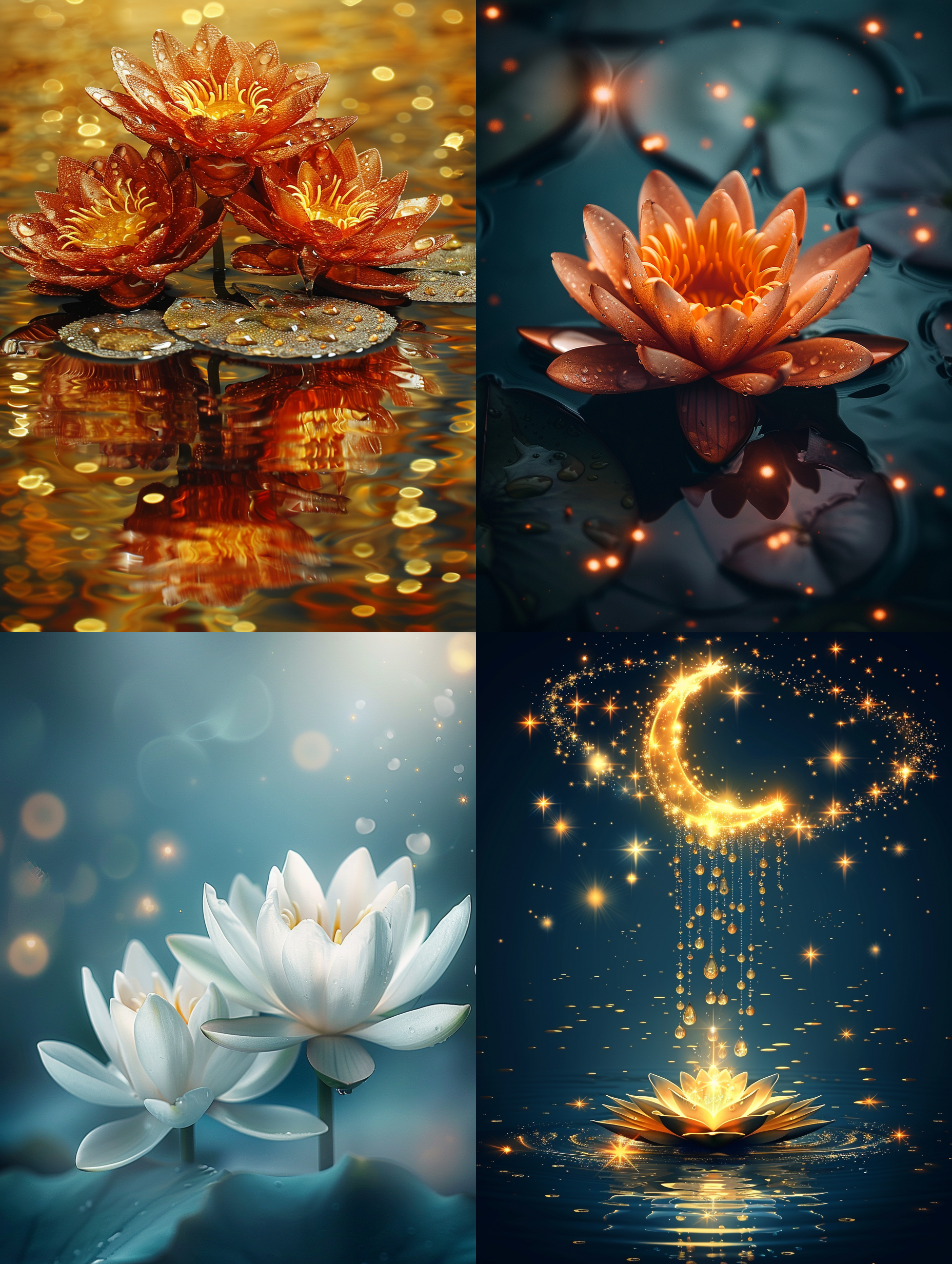 商业摄影，实拍，荷塘夜色，荷叶上的水珠，皓月当空，水波荡漾，星光点点，金色映衬，夜幕降临，逼真细节，聚焦荷花，高清摄影，大师之作。