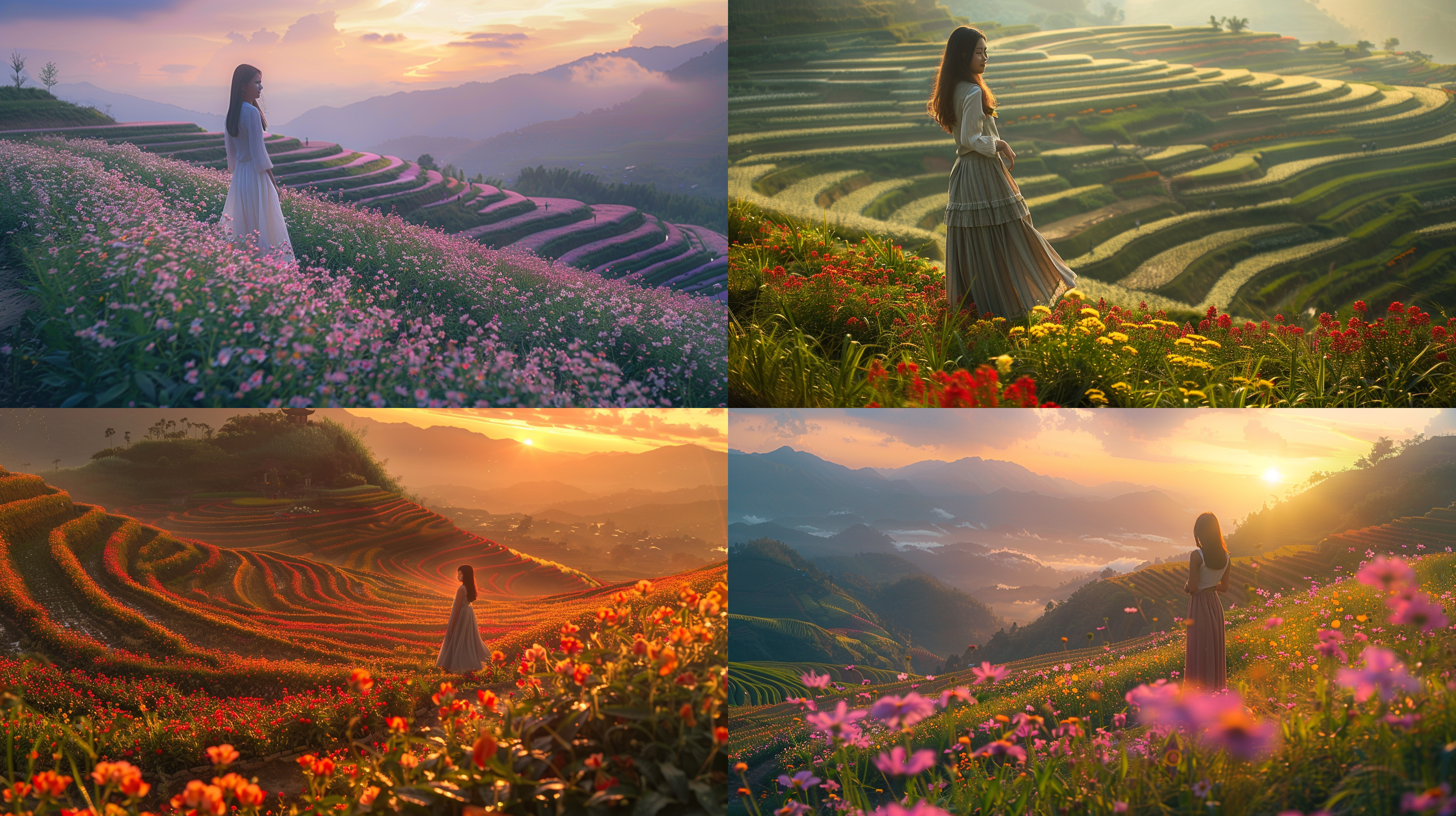 女孩站在高差梯田上的花海中，长裙，微笑，光线映照，晚霞倒影，广角镜头，宁静，柔和色调，优美，浪漫，安详。
