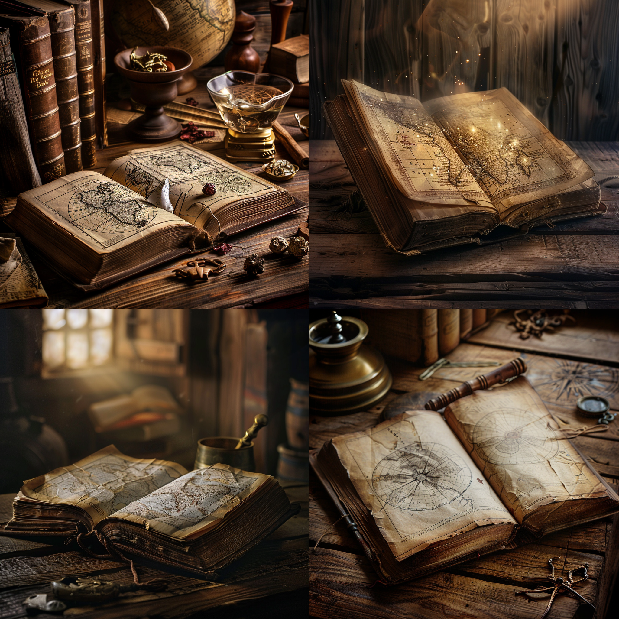 厚书翻开，藏宝图展示，静物摄影，木质桌面，中心构图，明亮灯光，细节清晰，古色调，静谧情感。