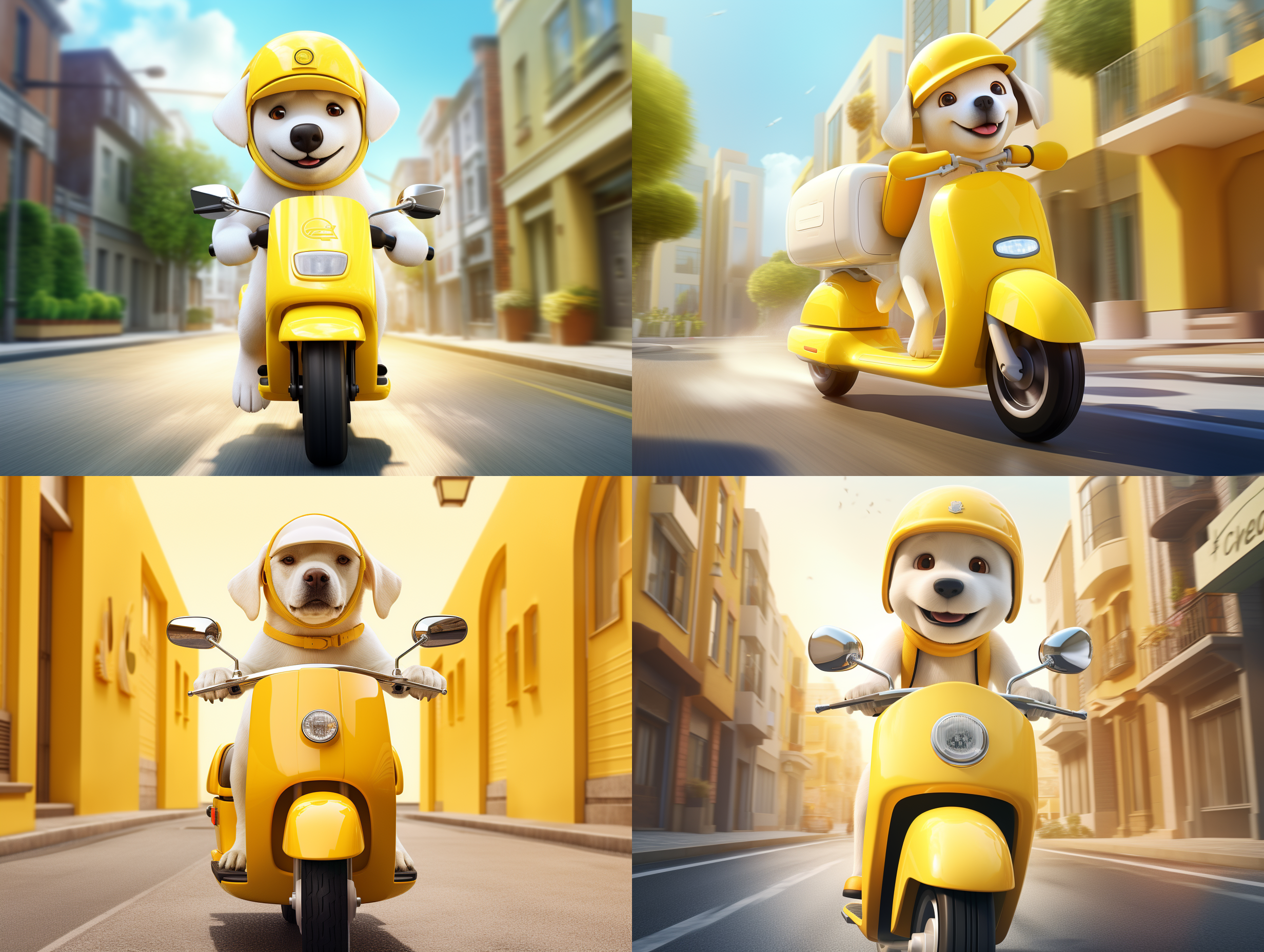 一只拉布拉多犬，白色毛发，穿着黄色外卖服，骑着电动车，在街上骑行，极简卡通风格，电影感，边缘光，光线追踪，概念艺术，最高质量，cg,8k,极致的细节