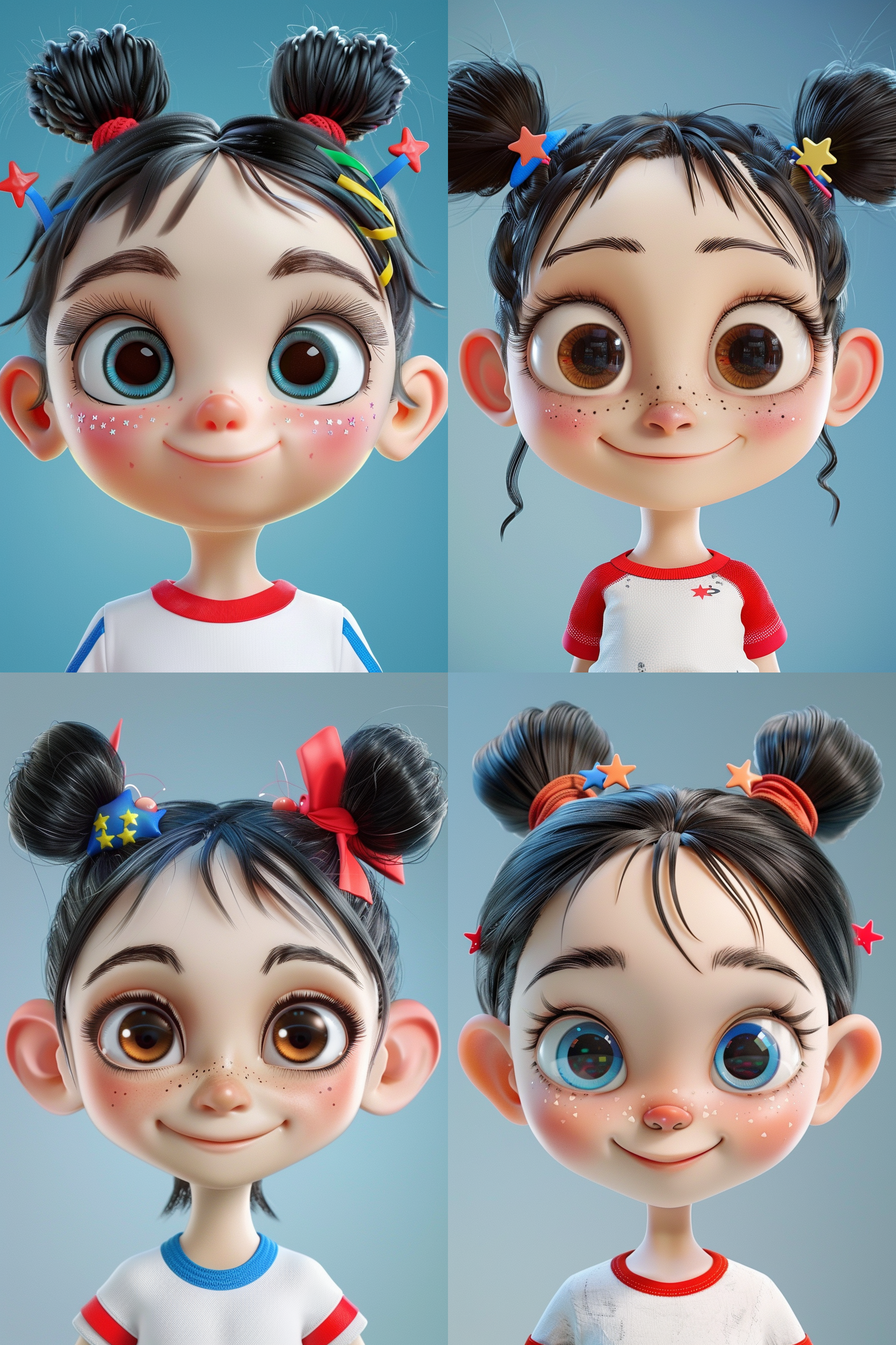 中国女孩，白皮肤，黑色头发，耳朵下方两边扎双马尾大麻花辫，分别落在两个肩膀上，漏出额头，弯弯的眉毛，大大的眼睛，黑色眼珠，眼角两旁有亮闪闪的小星星，头上有彩色的可爱小发卡，穿着田径运动员的运动衣服，用手指比一个大大的爱心，有甜甜的笑容，超级细节，高雅气质，端庄大气，现代风格，艺术感，令人惊叹的照片， 极限特写 头部特写 半身 腰部以上 头部特写