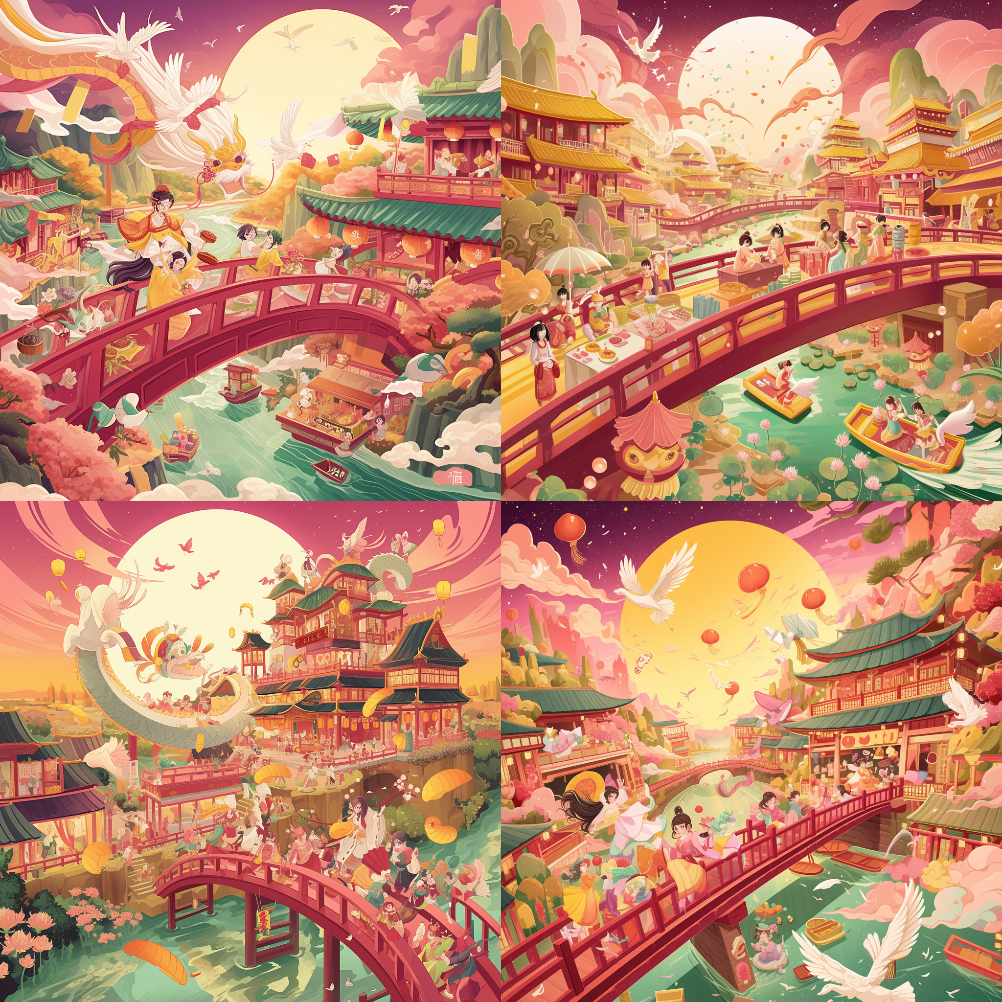 人群嬉戏赏月吃月饼, 河流桥梁舞龙, 温馨祥和, 空旷天空小鸟飞翔, 暖色调, 传统中秋节, 插画海报, 氛围温馨, 中秋节氛围, 传统文化, 舞龙表演, 美丽河流。