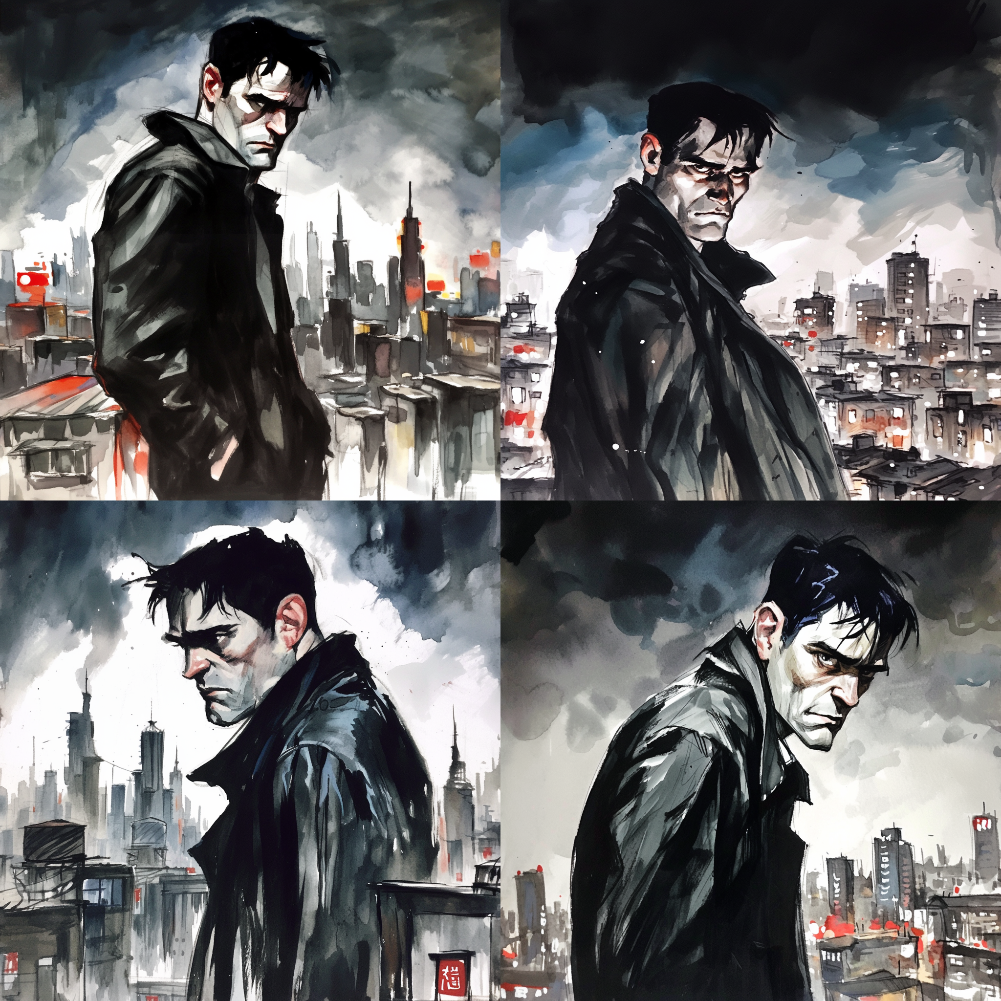 男人独自站在高楼屋顶，远眺城市夜景，背影笔挺，身穿黑色西装，风衣随风飘扬，脸上带着沉思表情。城市夜景，对角线构图，城市天际线，长焦镜头，夜景模式，明暗对比，蓝调色彩，孤独，思考。